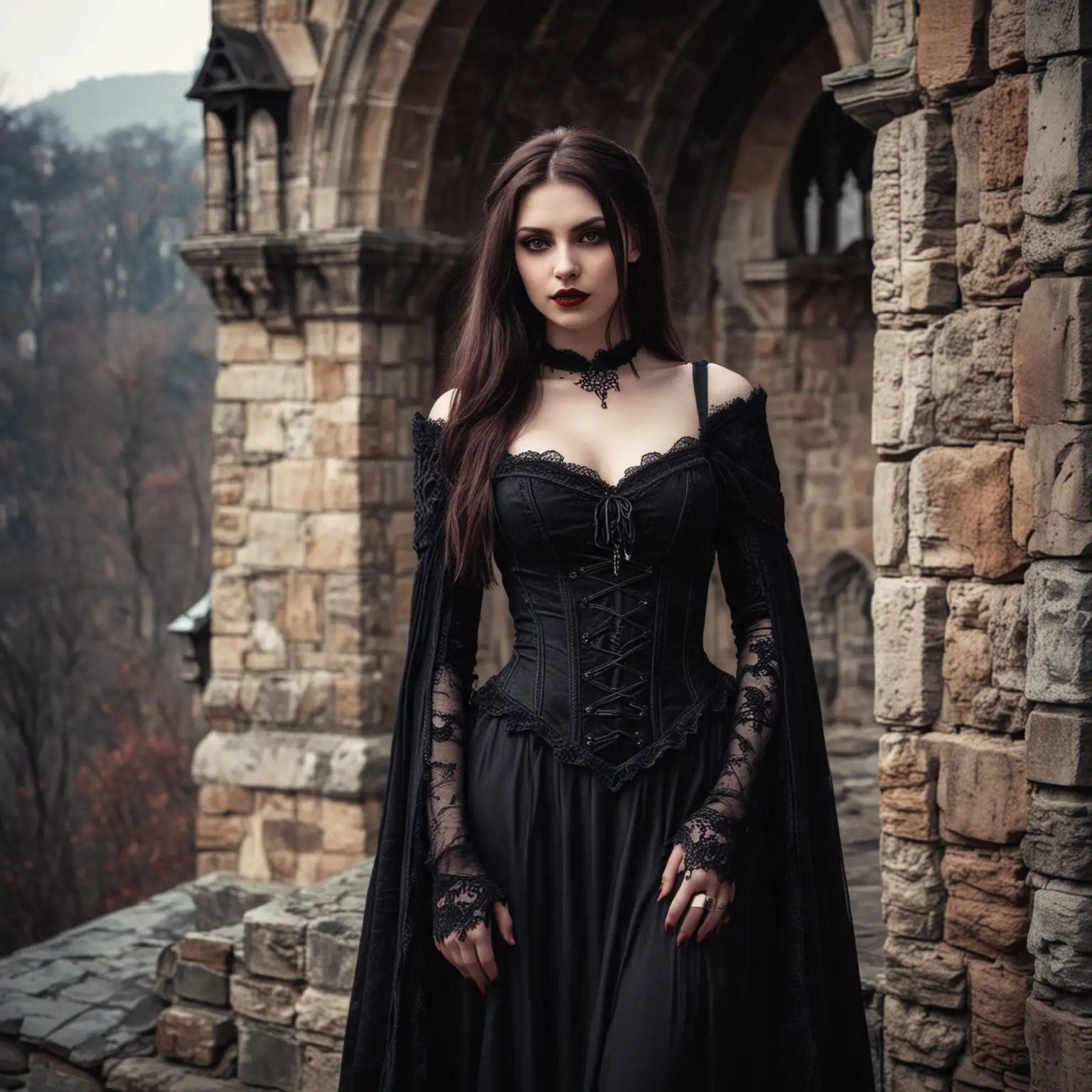 a vampire styled gothic girl, full body photo, at draculas castle.
