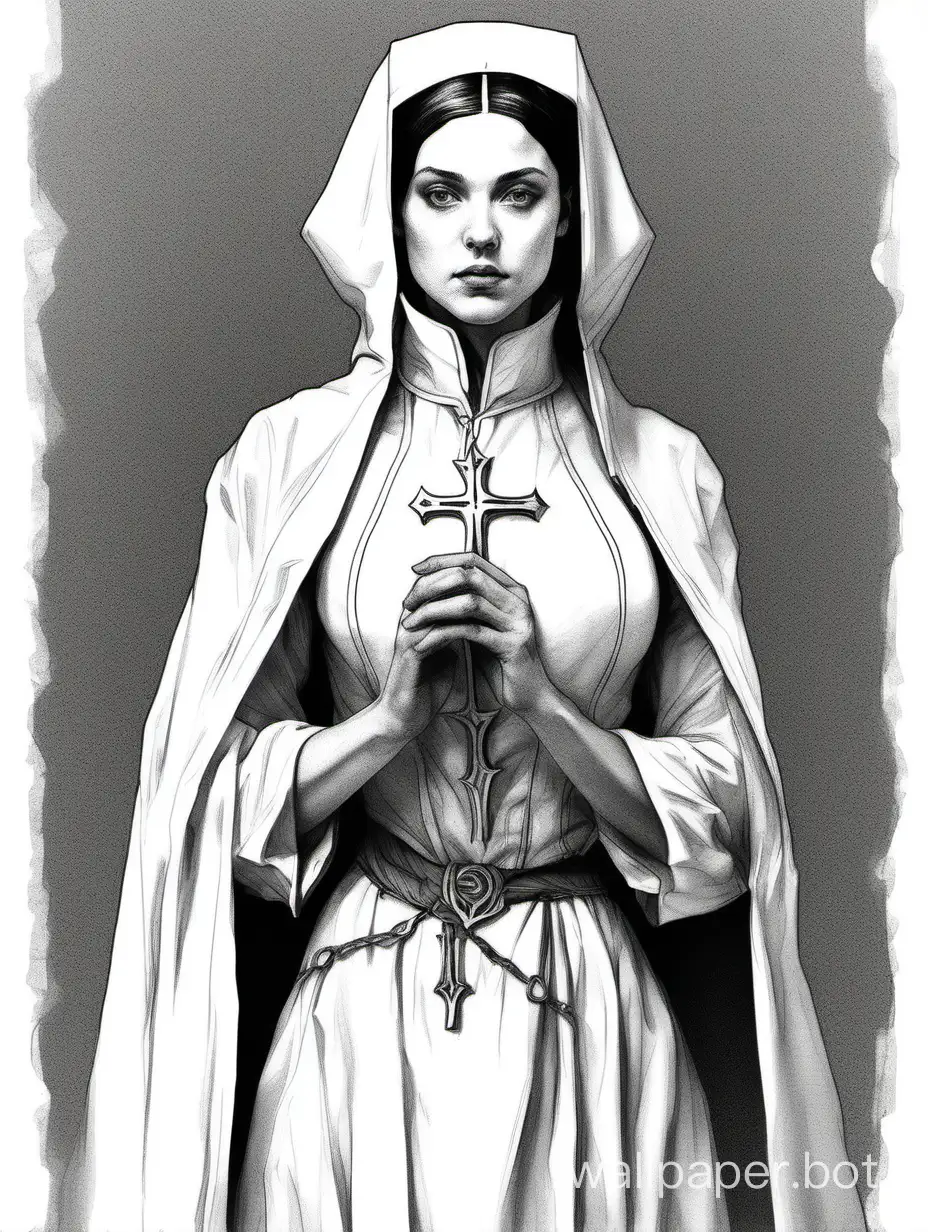 Young girl. Norwegian. High chest, narrow waist. Wide hips. Medieval aristocrat's clothing in white color. Dark short hair. Inquisitor nun. Black and white sketch. White background. Photo 8k. Nude art style