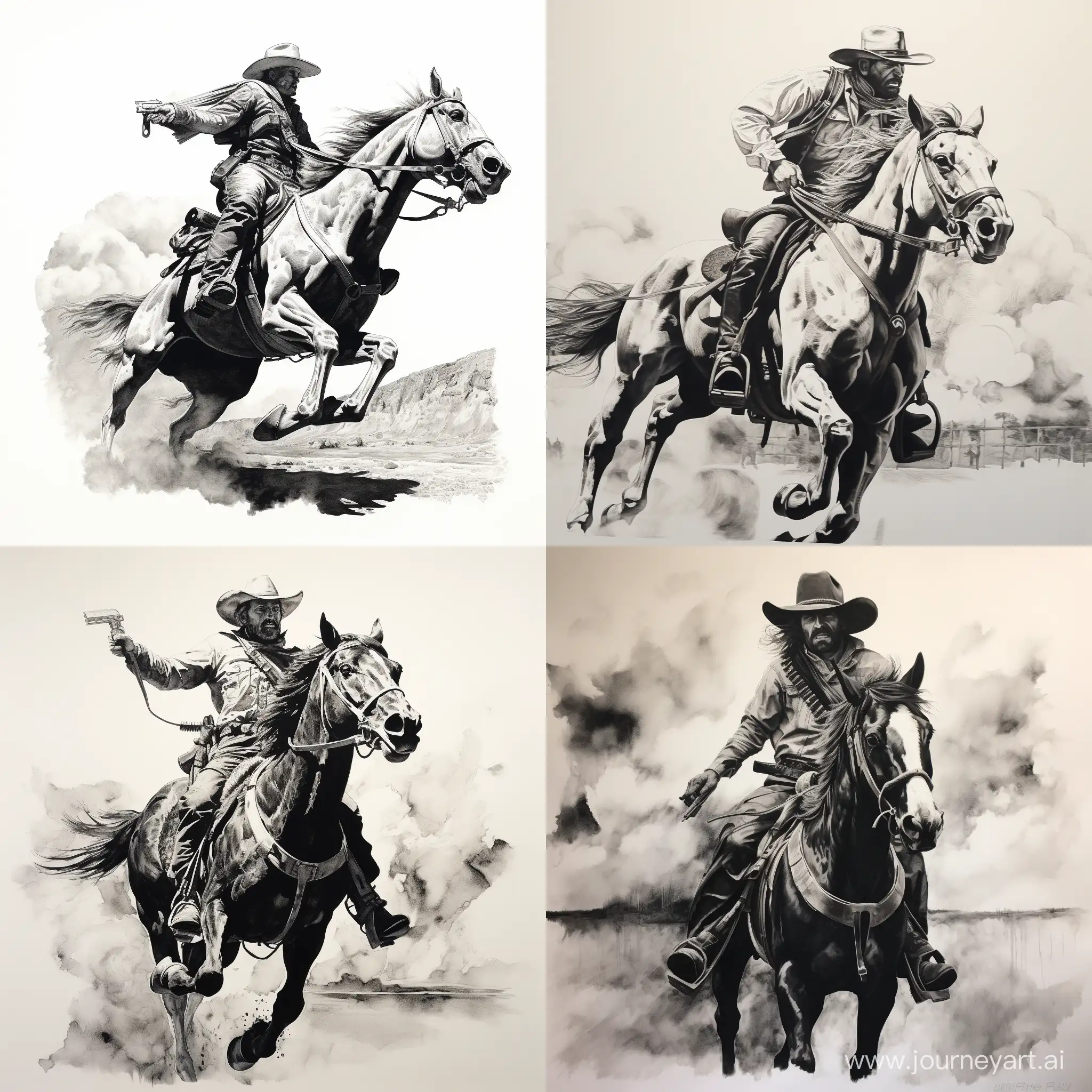 black and white ink painting of cowboy riding horse with gun drawn