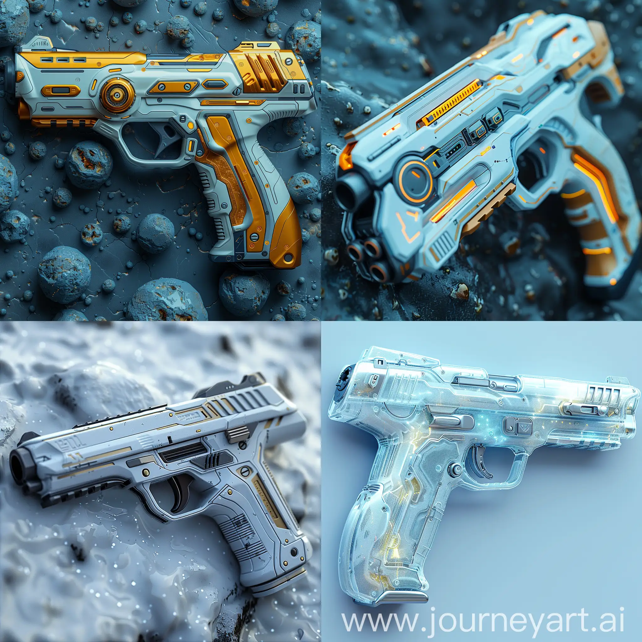 Futuristic ultra-modern pistol, futuristic ultramodern pistol, nanotechnology materials and nanotechnology metals, AR and VR, high tech, octane render --stylize 1000