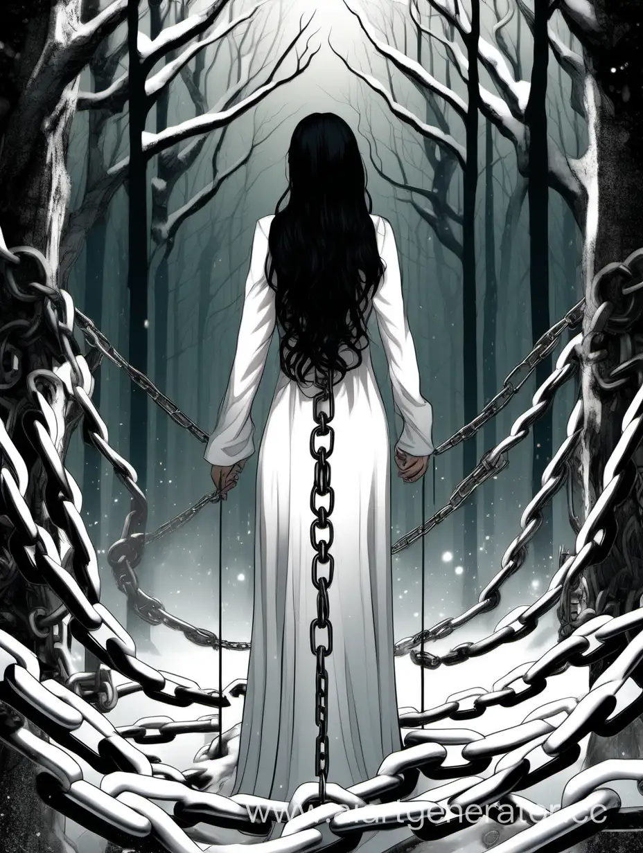 Девушка с черными волосами, стоит спиной в длинном белом платье, в мрачном холодном лесу, ее руки скованы тяжёлыми золотыми цепями. И имя этой девушки - Справедливость