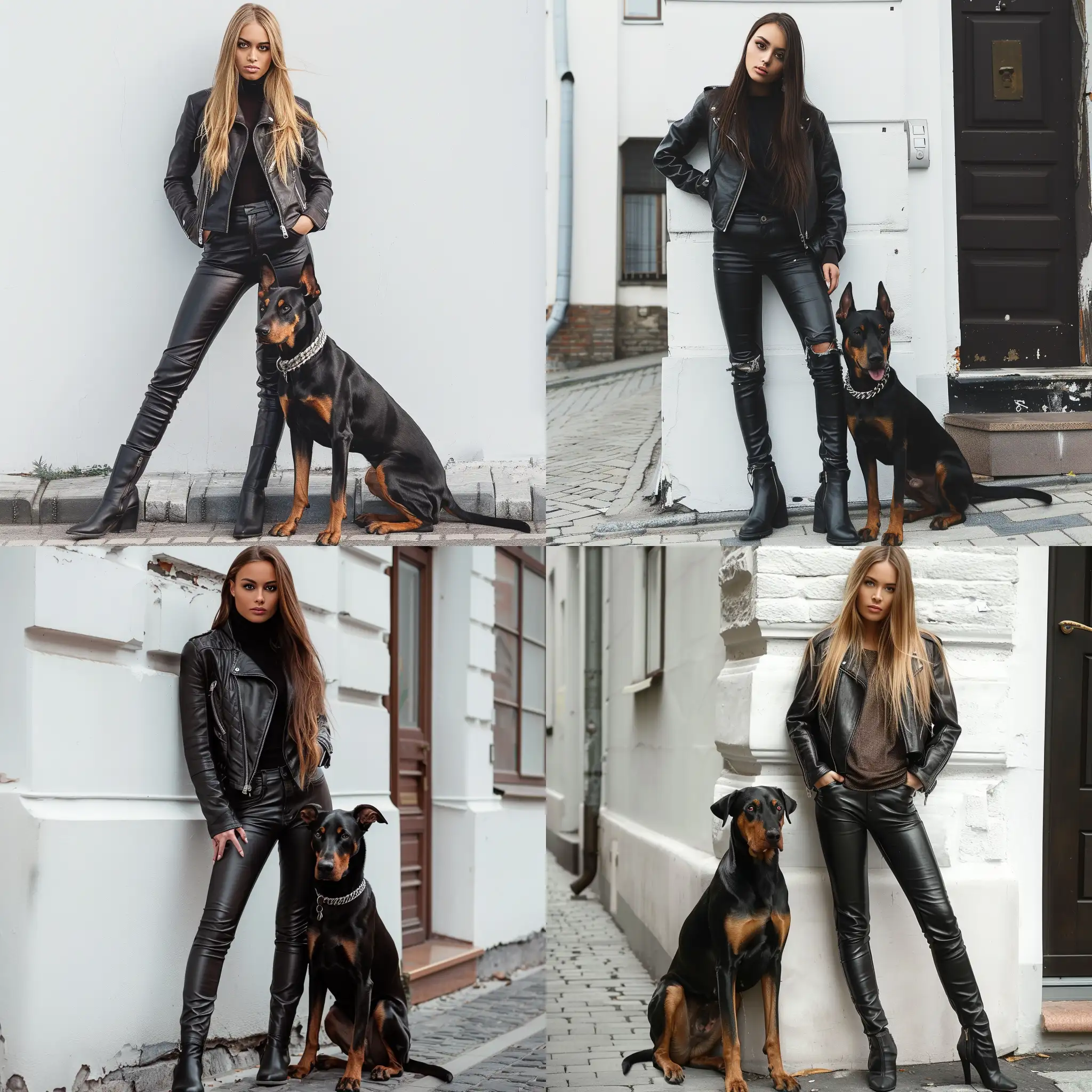 Girl stands On the street against a white wall stands with a Doberman in leather pants and jacket realistic photo face looks into the camera clearly visible detail realistic photo 
