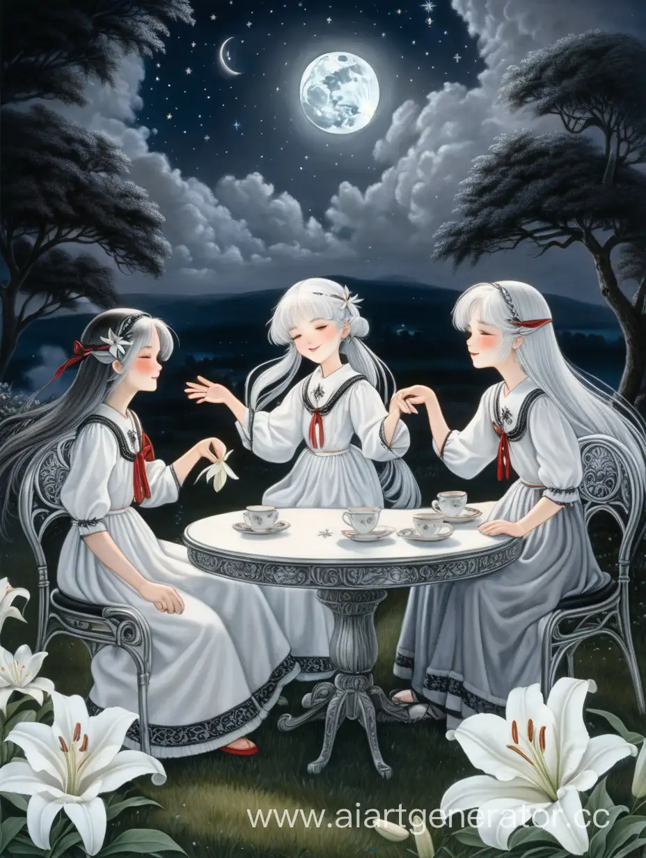 Enchanting-Morning-Chat-SilverHaired-Sisters-Amidst-Moonlit-Beauty