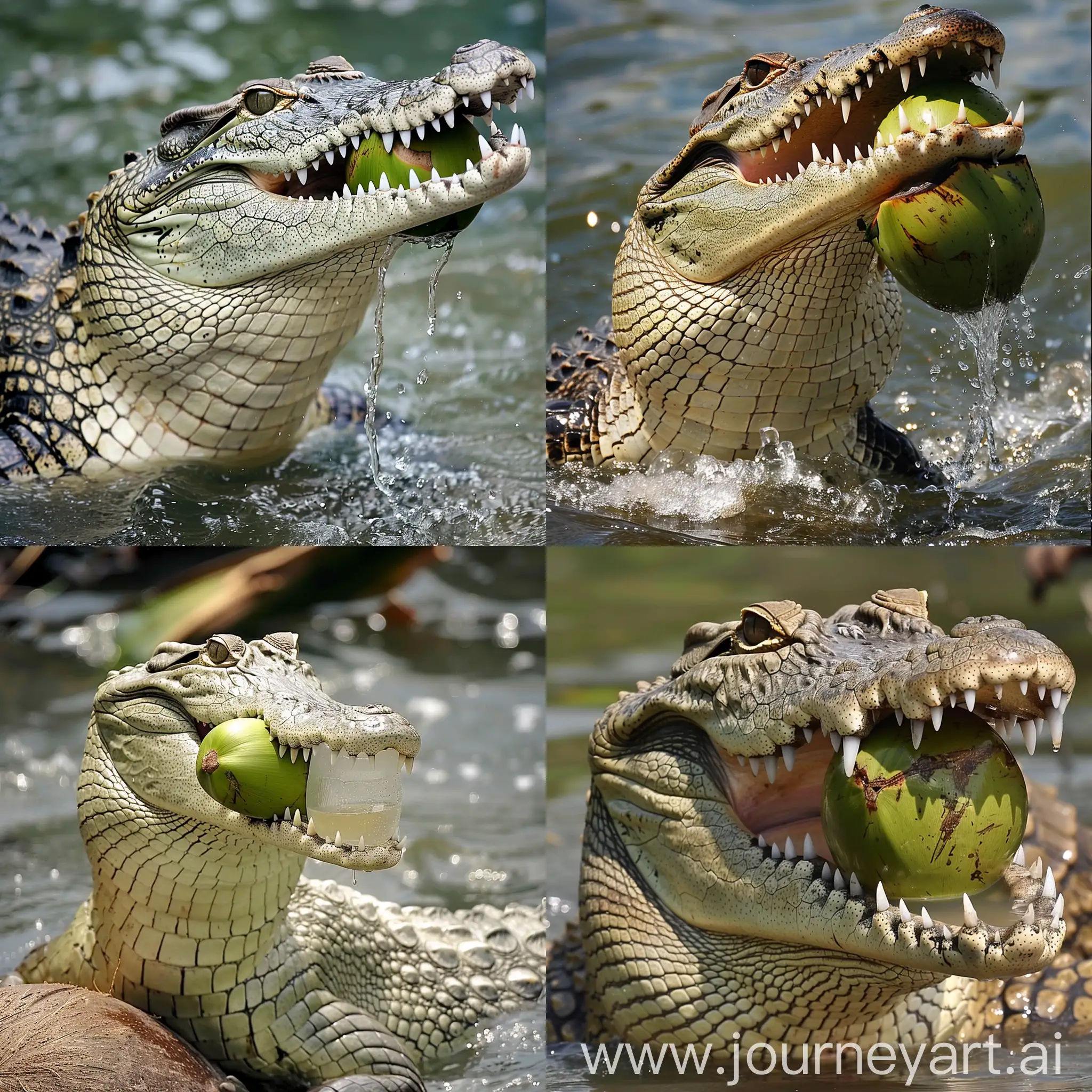 um crocodilo de água salgada tomando água de côco.