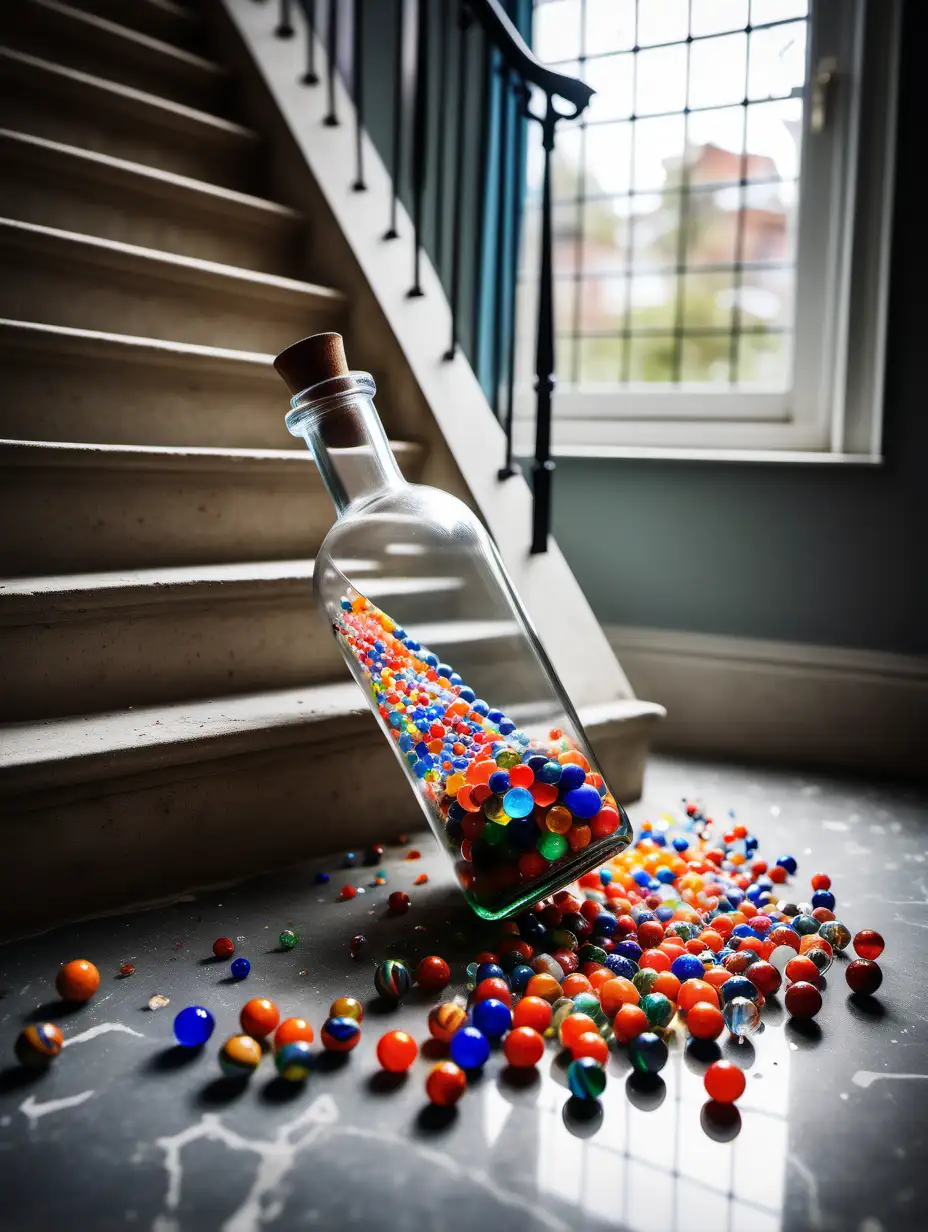 a glass bottle splitting into pieces, full of colourful marbles, breaking and  falling from stairs with the colourful marbles spreading out freely everywhere in the frame