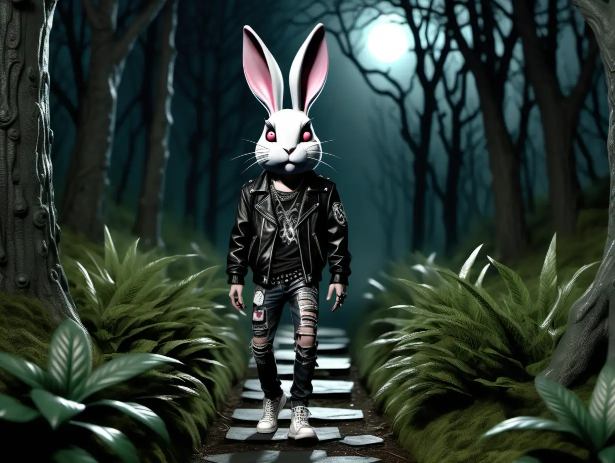 Punk Rock Night Stroll in Enchanted Forest with Rabbit Observer