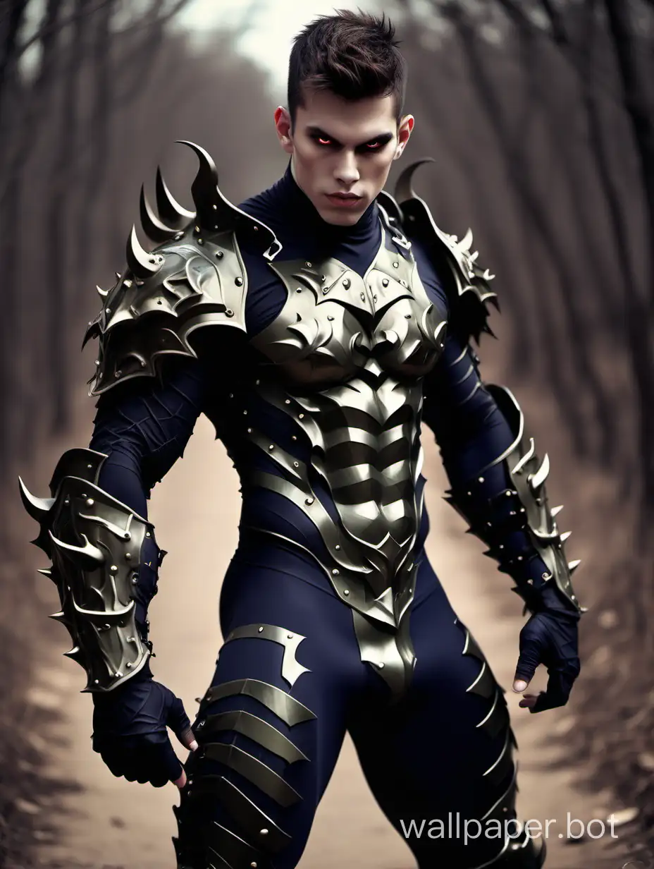 Young guy beautiful demon, athletic body, spandex, multicam armor