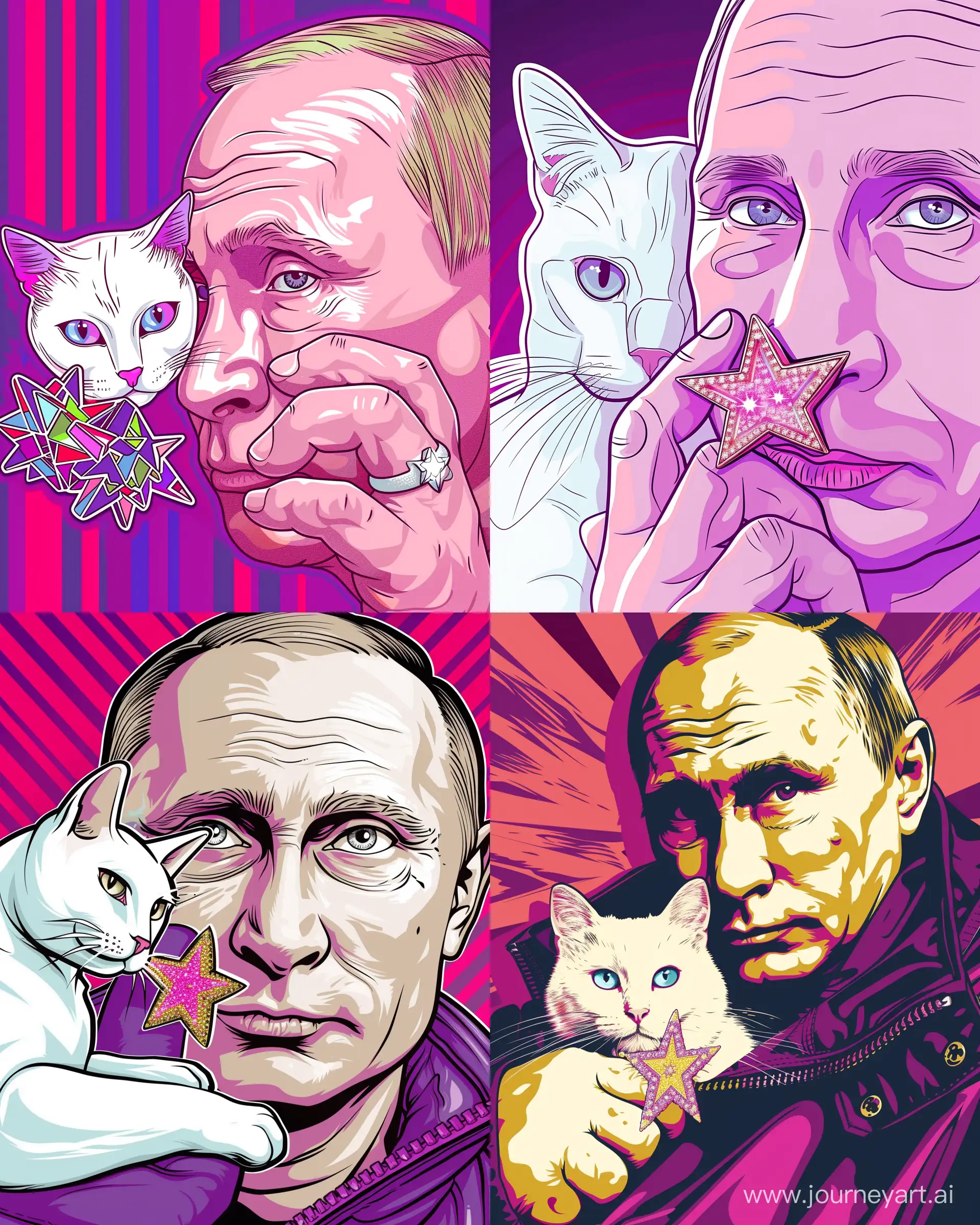 look away Beautiful Vladimir Putin style cute white cat and Putin wearing a kirakira star ring. Quirky cartoon art style, line drawings, intense colors, pop style lines, rich details, doll core, purple and right pink --ar 4:5 --v 6