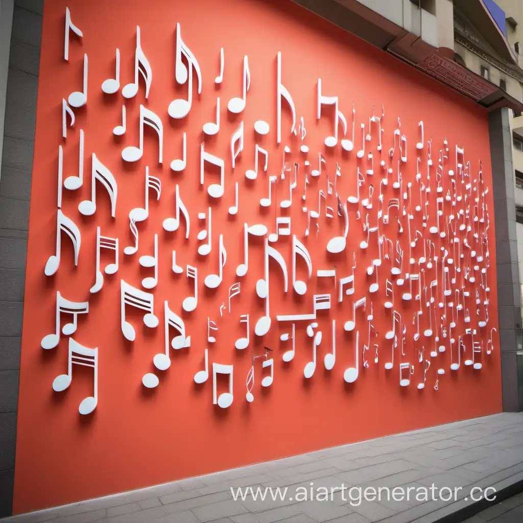 брендированная фотозона на улице, коралловый цвет, стена с изображением нот, большие фигуры в виде музыкальных нот похожие на статуи