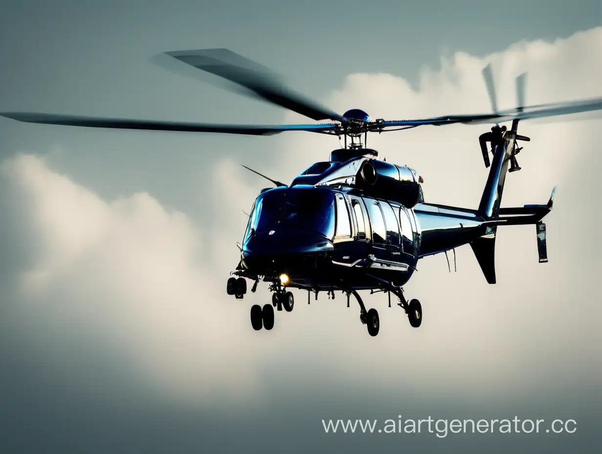 Helicopter-Flying-Over-Urban-Skyline-at-Sunset