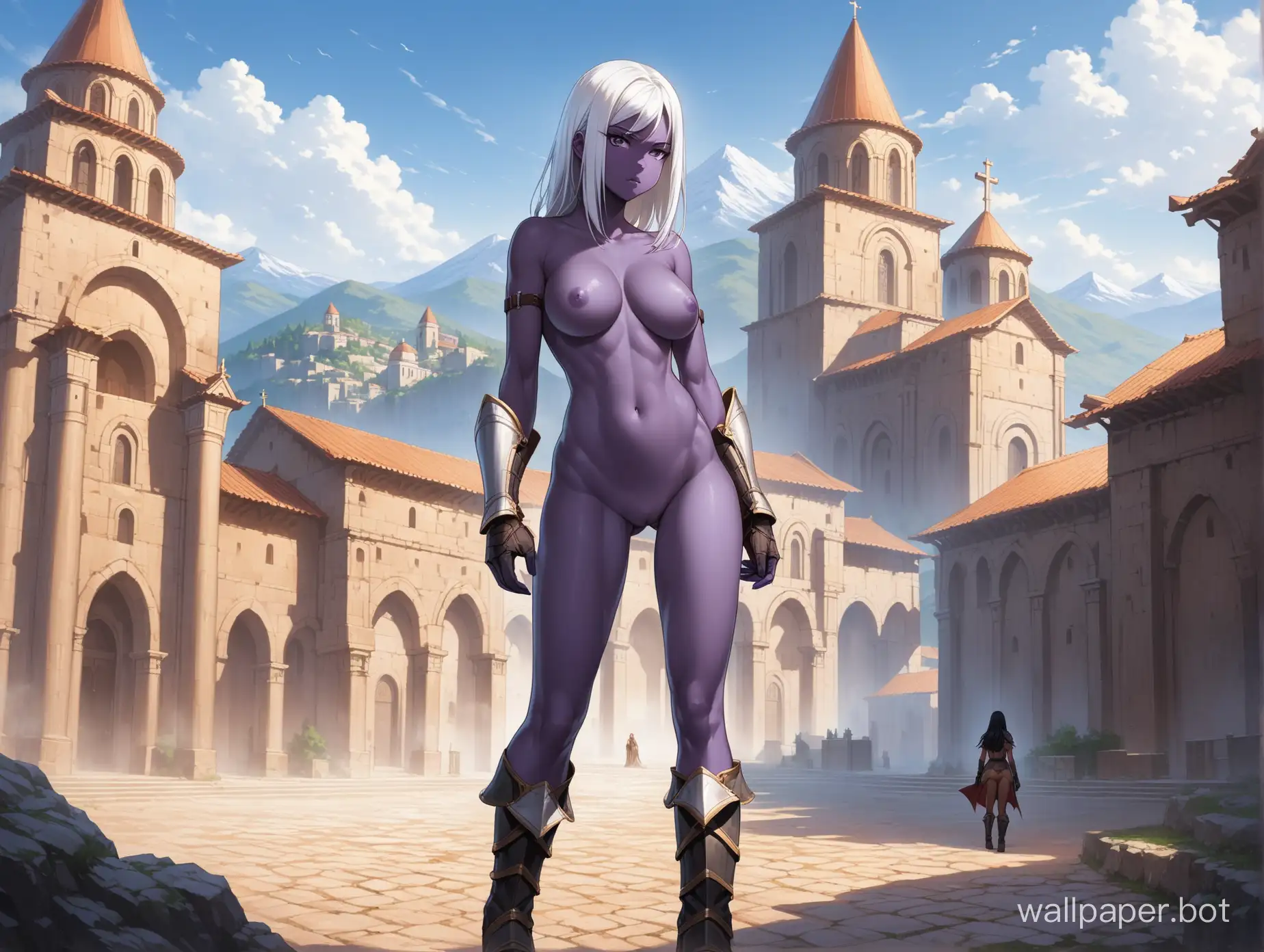 Woman, One, 18 Years old, European, Fit, Purple skin, Oiled skin, Big breasts, Serious face, Makeup, White hair, Medium hair, Straight hair, Armor gloves, Armor, Full body, Dynamic angle, Standing, Ancient city, Church, Mountains, Dark purple skin, Boots, Corset, Topless, nude, no pants