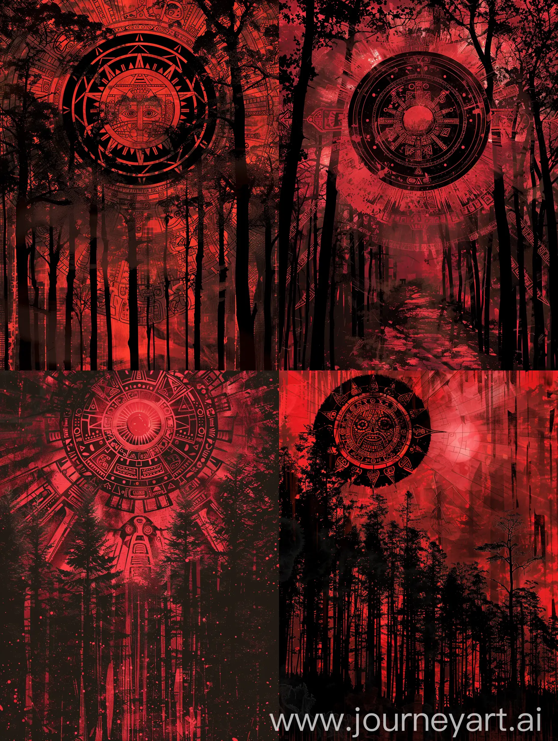 Psychedelic visionary Mayan and Aztech concept with forest tress with Aztech sun with abstract background In red and black colors 