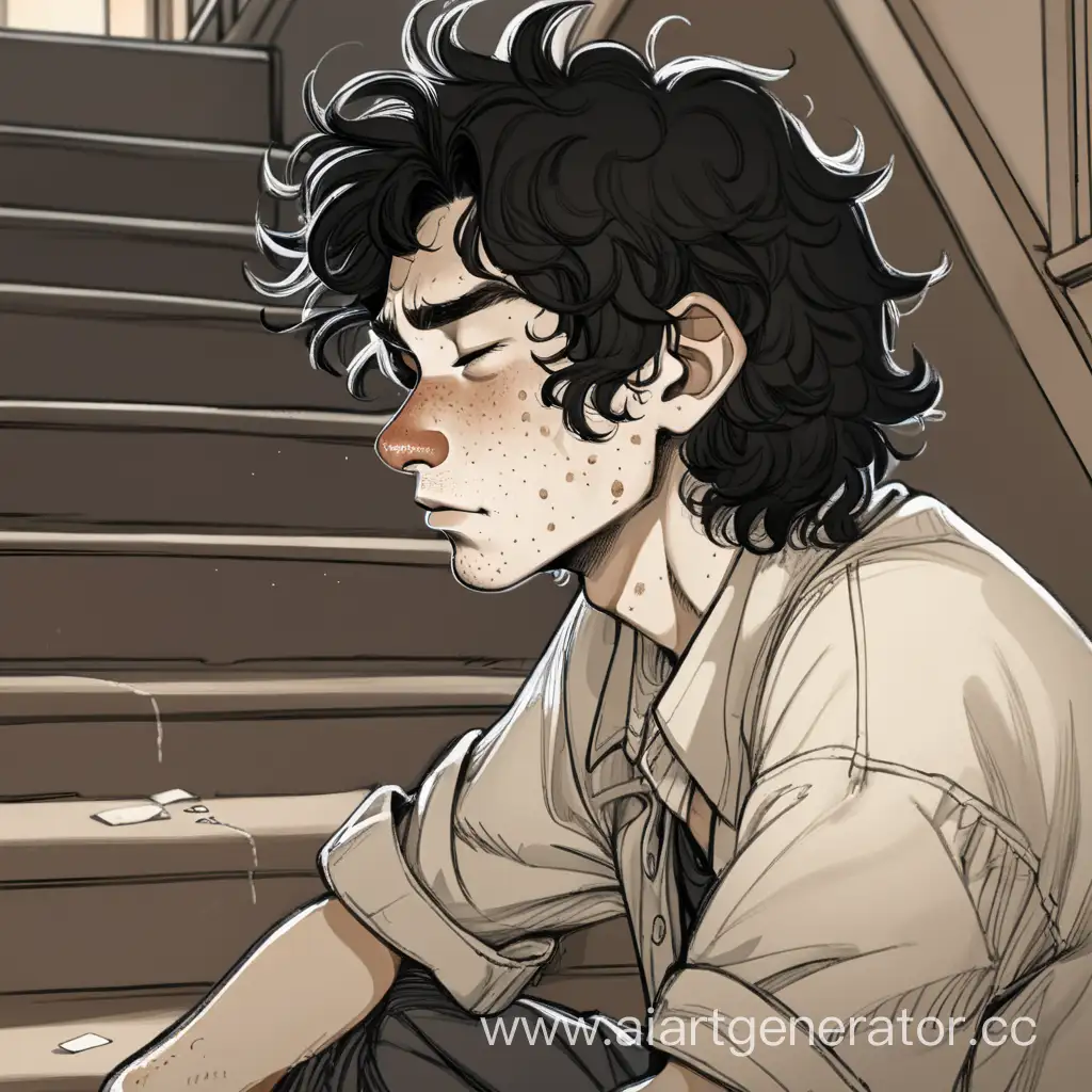 Freckled-Man-Resting-Under-Stairs-with-Eyes-Closed