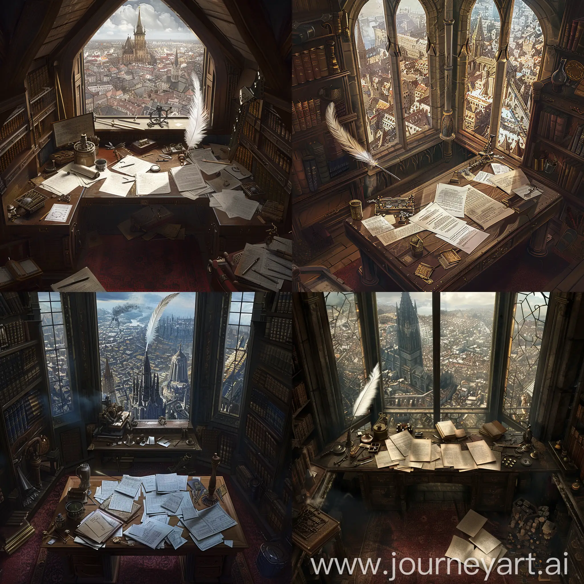 Fantasy, large mayors room, medieval, large open window behind desk overlooking fantasy city from above, piles of paper, feather pen, ink well, dark wood, small dark red carpet, desk with weird craftsmen contraptions, crafting tools, desks with tinkerers tools and patents