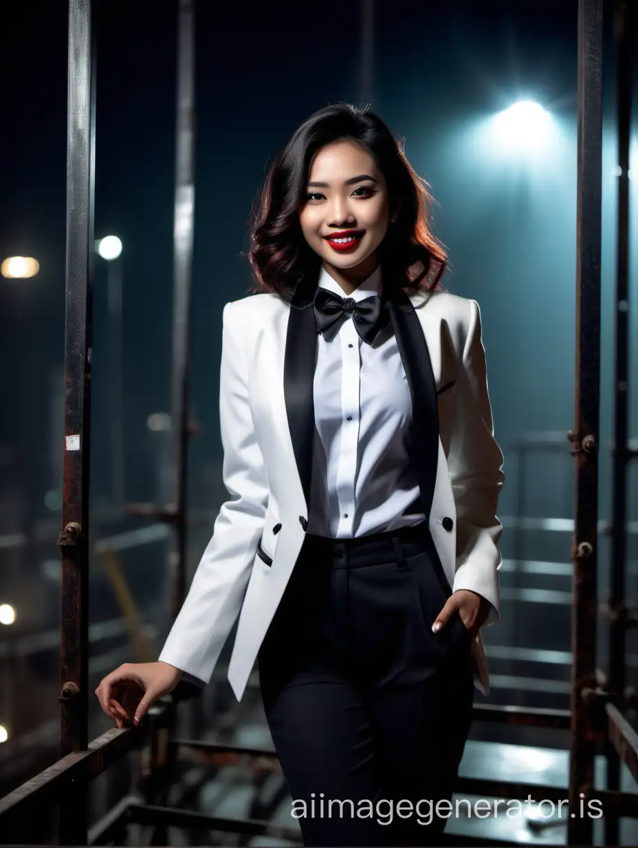 It is night. A stunning and cute and sophisticated and confident Malaysian woman with shoulder length hair and lipstick is walking toward the edge of a scaffold. She is facing forward. She is wearing a white tuxedo. Her pants are black. Her shirt is white. Her bow tie is black. Her shirt buttons are black and shiny. Her cufflinks are black. Her high heels are shiny and black. She is smiling and laughing. She is relaxed. Her jacket is open.