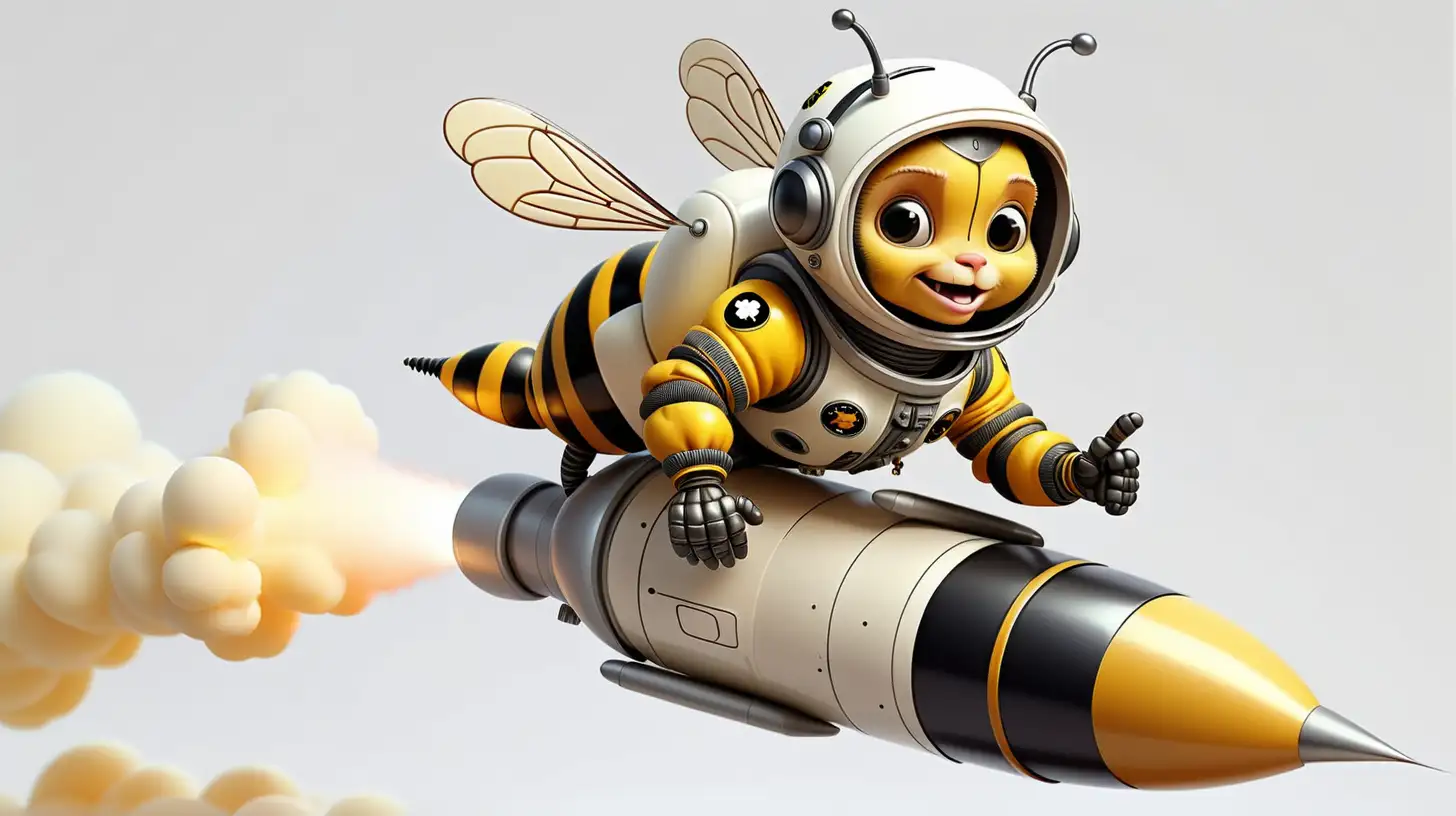 Sticker,Cartoon, cute bumblebee astronaut riding on a rocket, white background, Vermeer style, 12k, high quality, HD, octane render, cinematic lighting