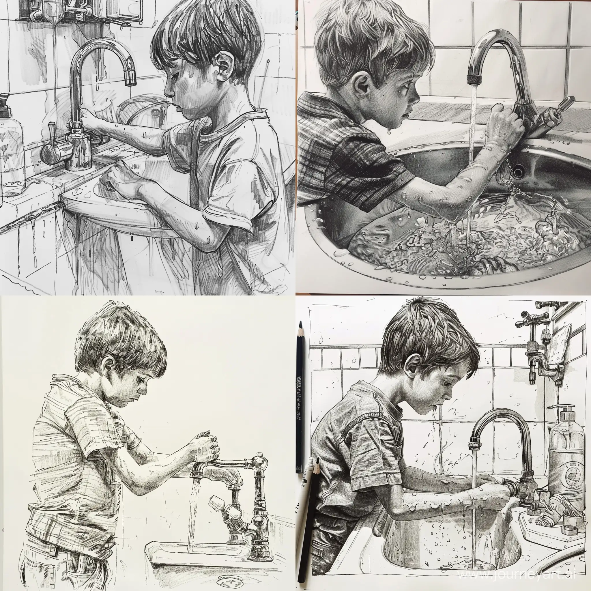 draw a boy turning off the water in the faucet, in a drawing style, hyper detail --v 6 --ar 1:1 --no 95211