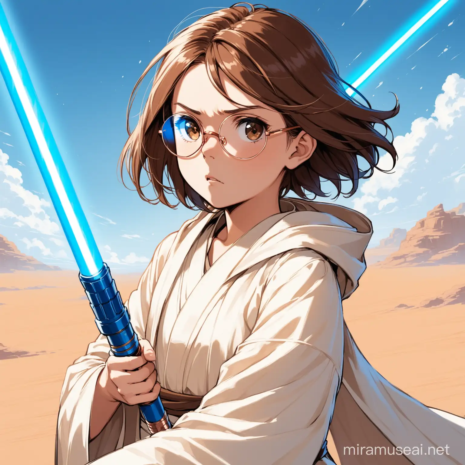 Determined Jedi Girl with Blue Lightsaber in White Robes