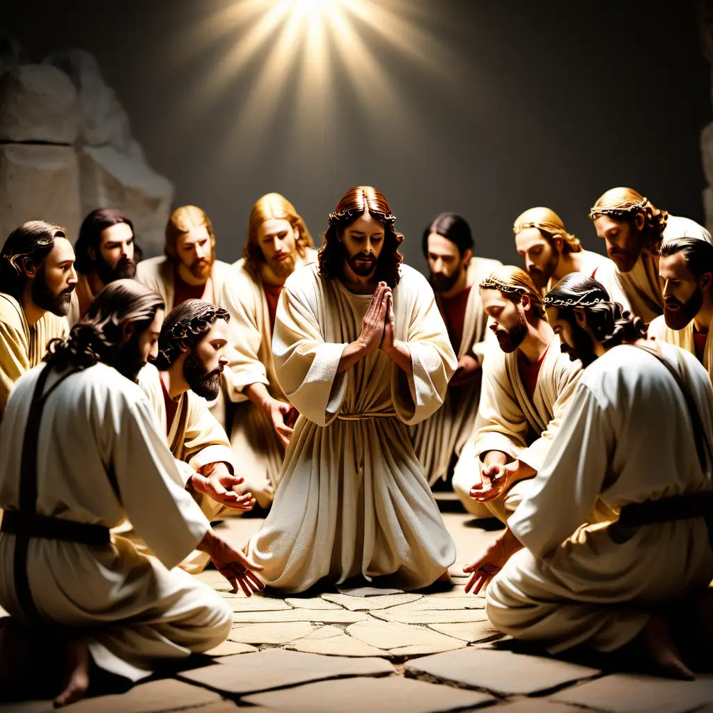 Jesus inclinando yenseñando a los 12 discipulos a orar 
