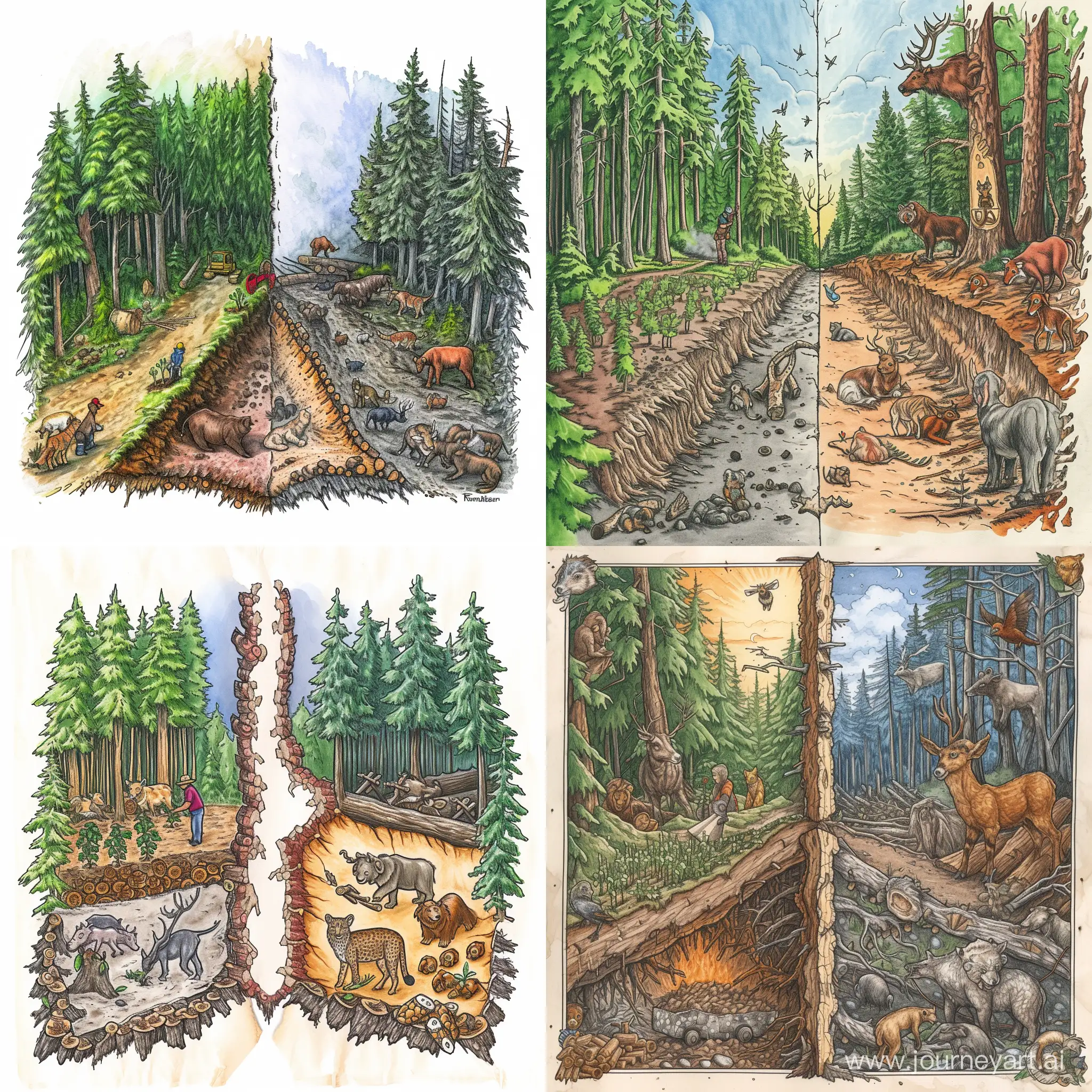 A drawing of a logging company, a forest should be depicted in the background, on the left side a person is planting tree seedlings, and on the right side there are animals that live in this forest, and in the center the left and right parts are separated by logging materials, the drawing should be realistic and bright