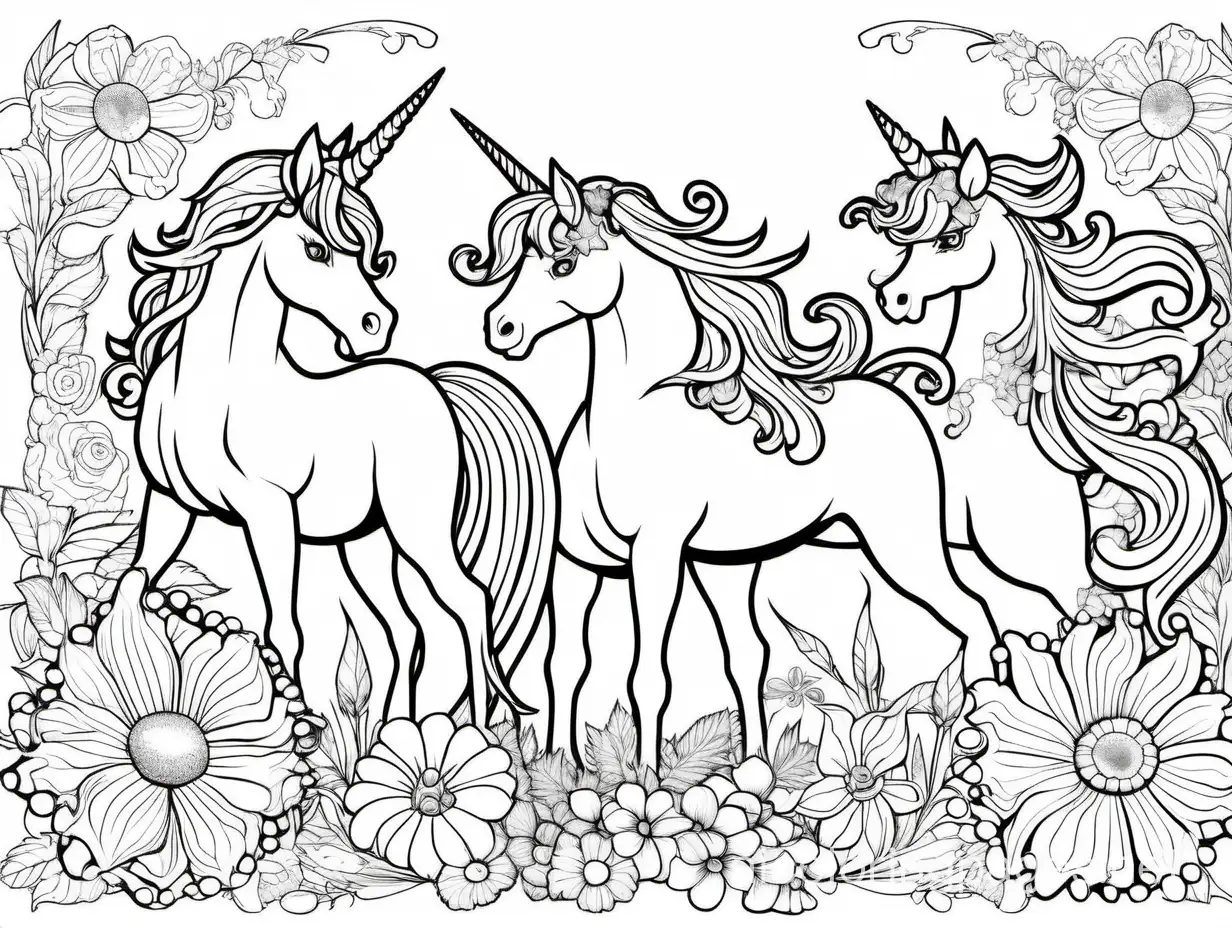 page of flowers with unicorns and fairys
, Coloring Page, black and white, line art, white background, Simplicity, Ample White Space. The background of the coloring page is plain white to make it easy for young children to color within the lines. The outlines of all the subjects are easy to distinguish, making it simple for kids to color without too much difficulty