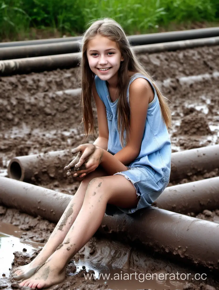 веселая девочка подросток босиком сидит на трубе в грязи