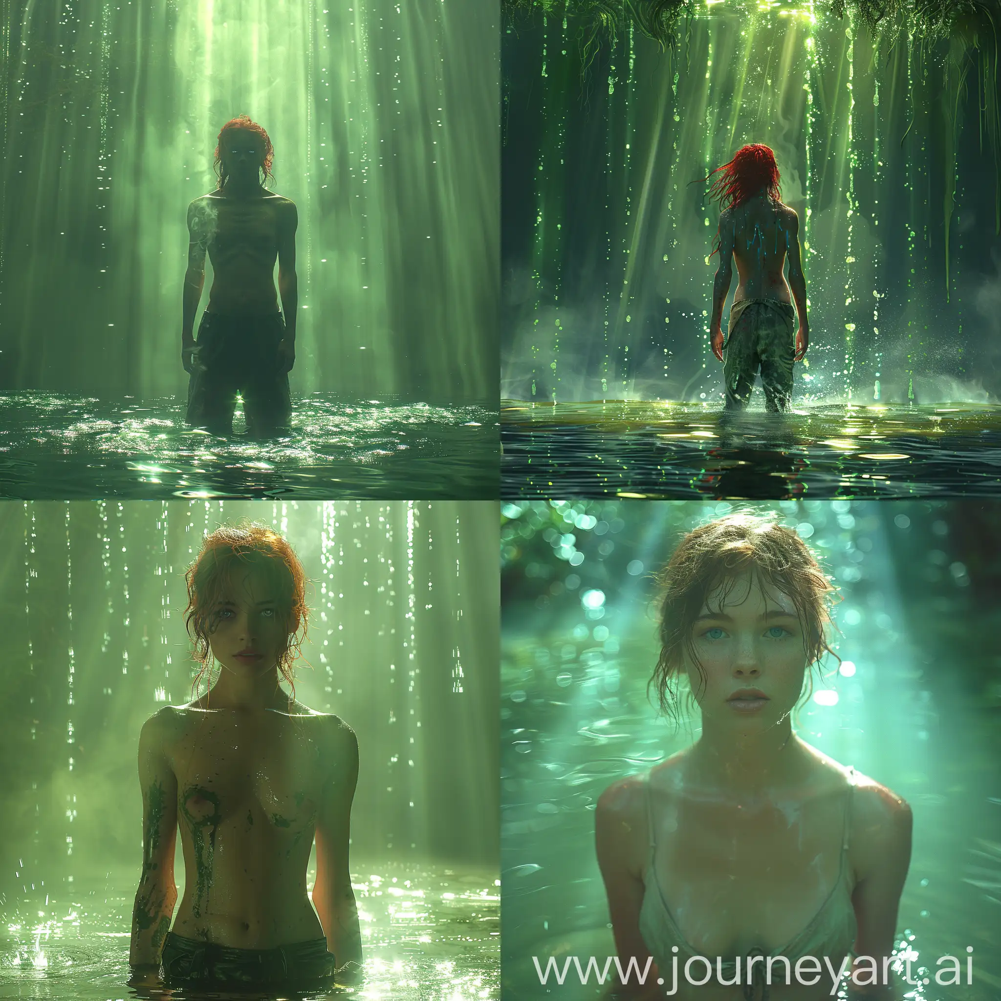 female standing in a lake, only having on pants, female having blue eyes and red hair, with green light coming from above, --s 750 --v 6.0