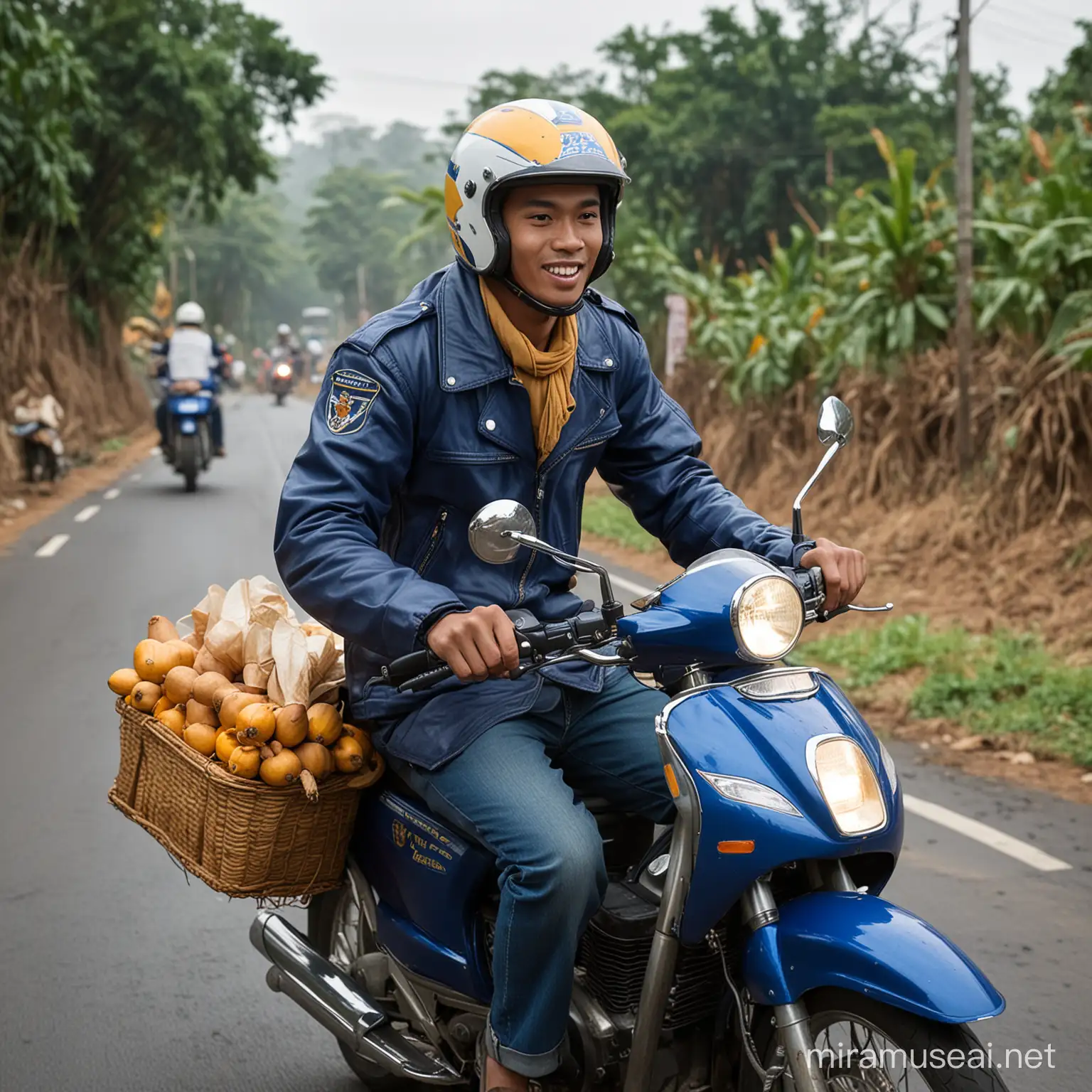 Seorang laki laki usia 25 tahunan, wajah bersih muda halus, asli jawa indonesia, naik montor jupiter z biru, memakai hlem warna navi, jaket biru putih, melaju kencang membawa serantul berisi lengkuas,jahe,kunyit.
Baiground jalan pedesa an, suasana ramai penduduk