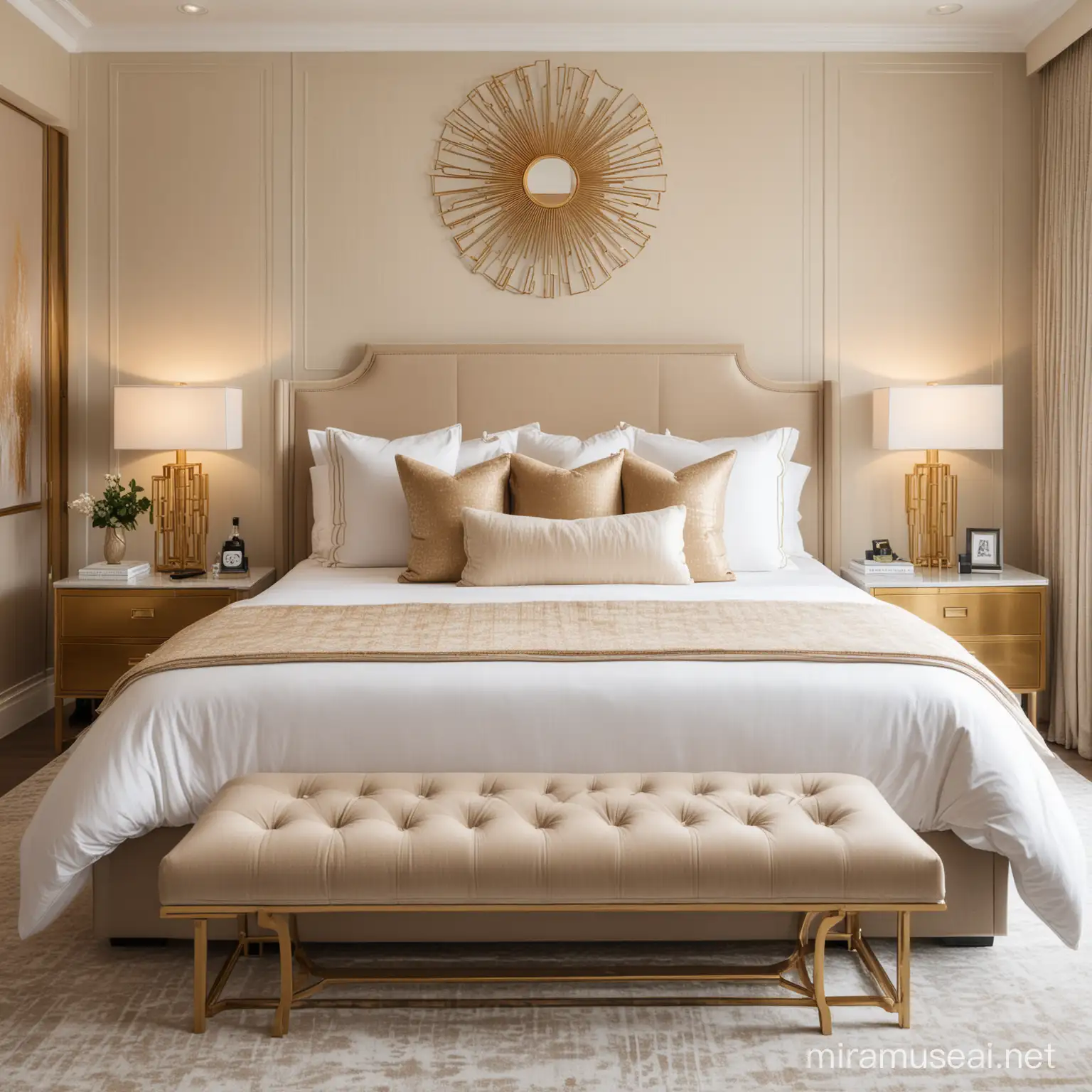 hotel inspired bedroom interior design with california king size bed beige and gold accent. artsy interior design
