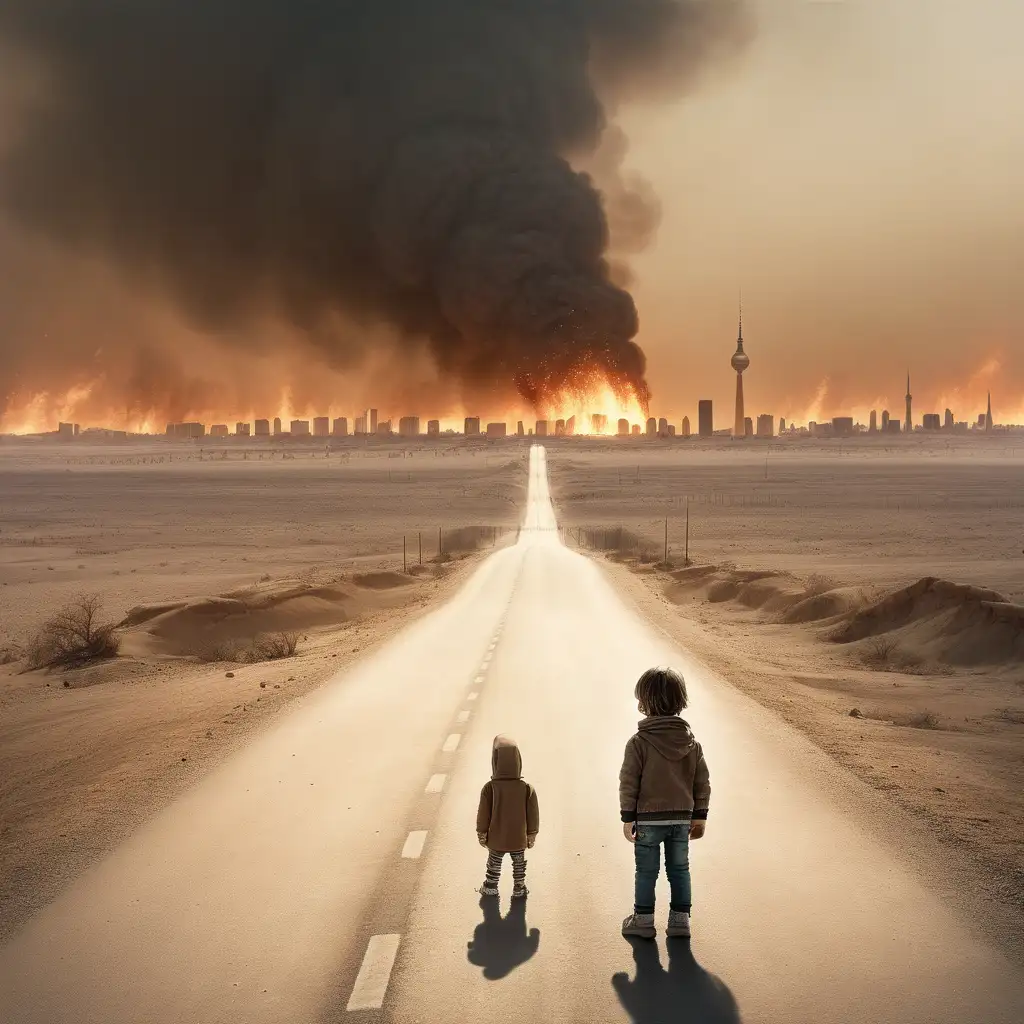 Ein kunstvolles Bild in dem ein einsames Kind auf einer Straße in der Wüste steht. Entfernt im Hintergrund ist eine brennendes Berlin zu sehen. 