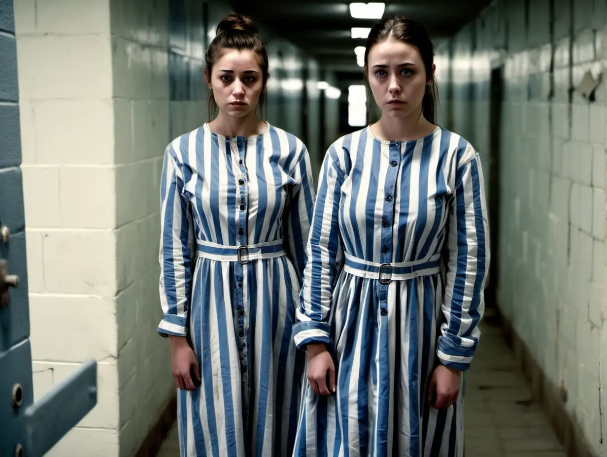 Two of busty prisoner woman (20 years old, same dress) stand (far from each other) in a prison corridor in dirty ragged blue-white vertical wide-striped longsleeve midi-length buttoned gowndress (collarless, roundneck , brunette low pony hair, sad and ashamed ), look into camera, tied back hands