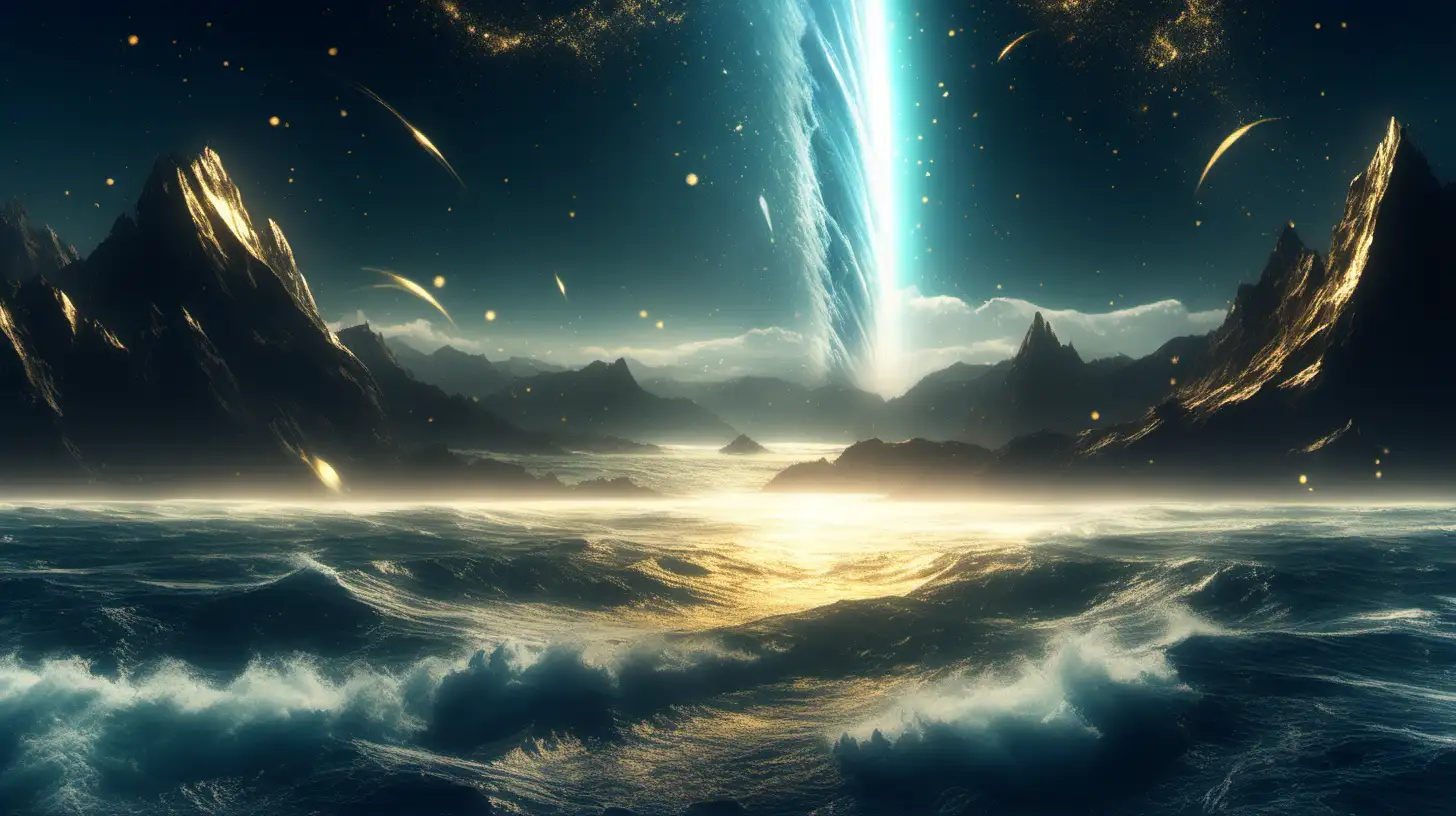 ocean with outer space in the background with wind a and gold light effects and mountains