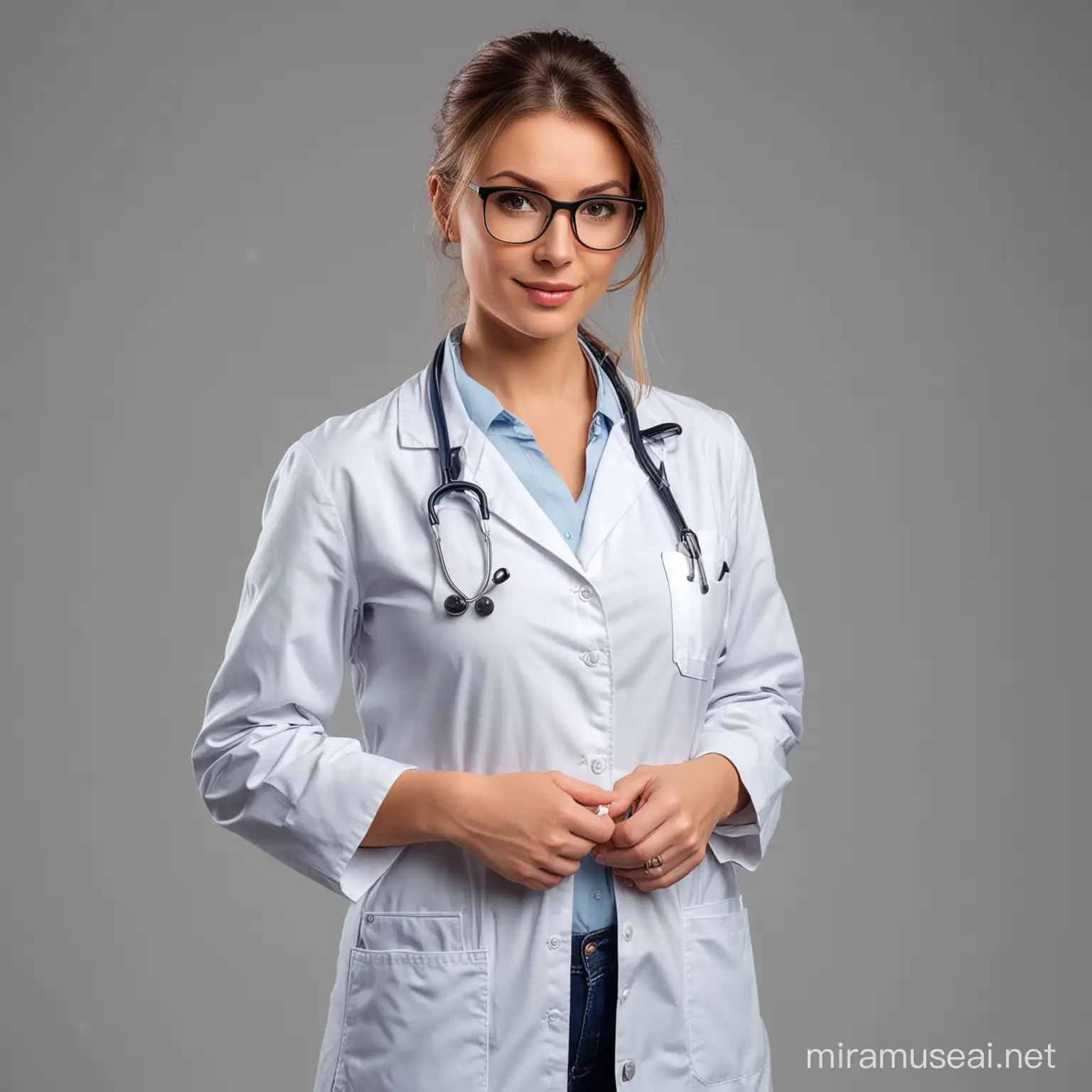 A Beautiful female doctor in glasses. her hands are in her pocket. The background is an isolated background