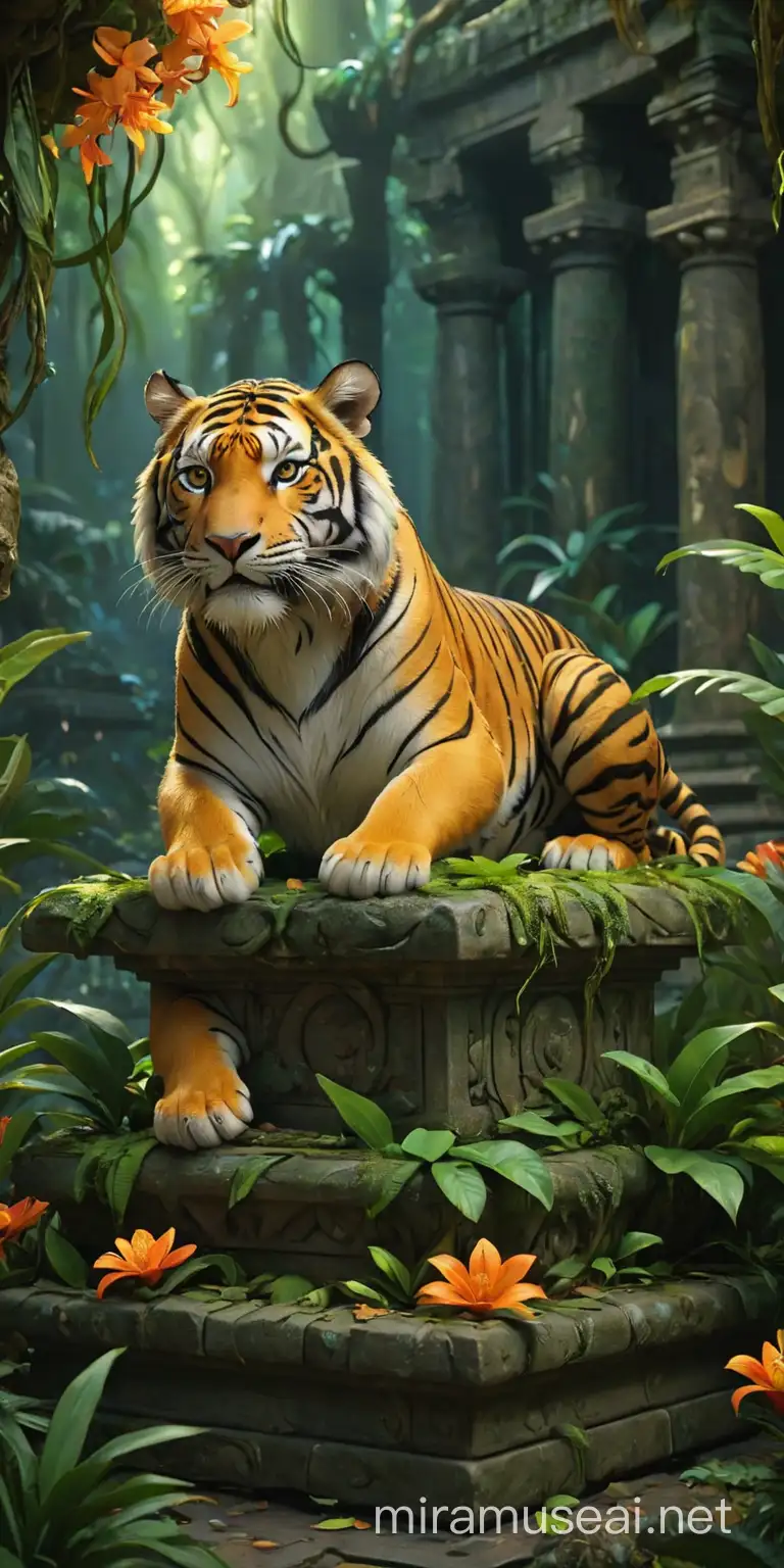 tiger  lying in big square shape pedestal, small scale, in the style of avatar movie, cgi style, glowing exotic flowers, rainforest and ruins setting, detailed decoration, high quality, dreamy, magical, natural colors, glowing, intense lighting, high contrast
