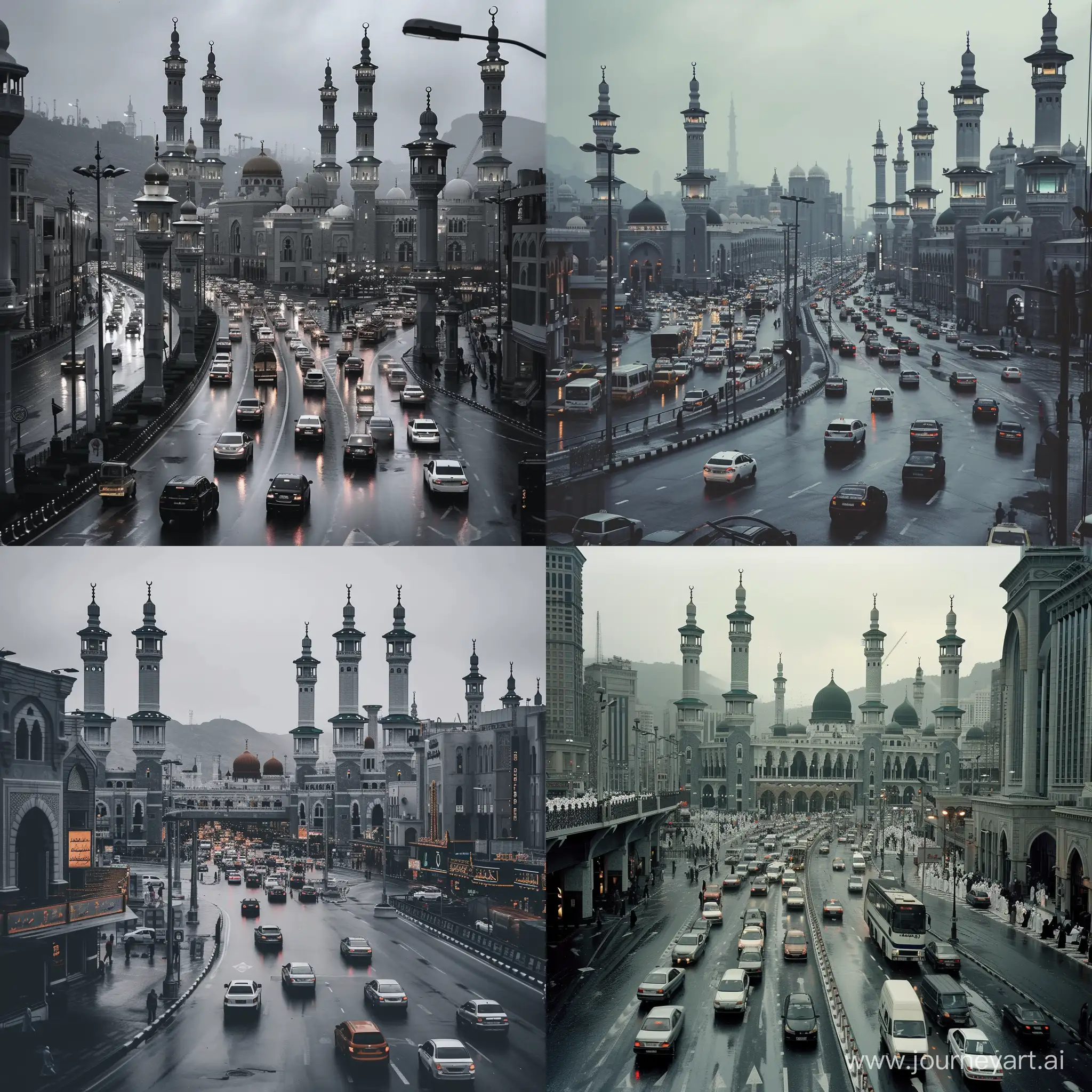 A traffic street intersection, Full of many Mecca grand mosque architectures with minarets, grey weather --v 6