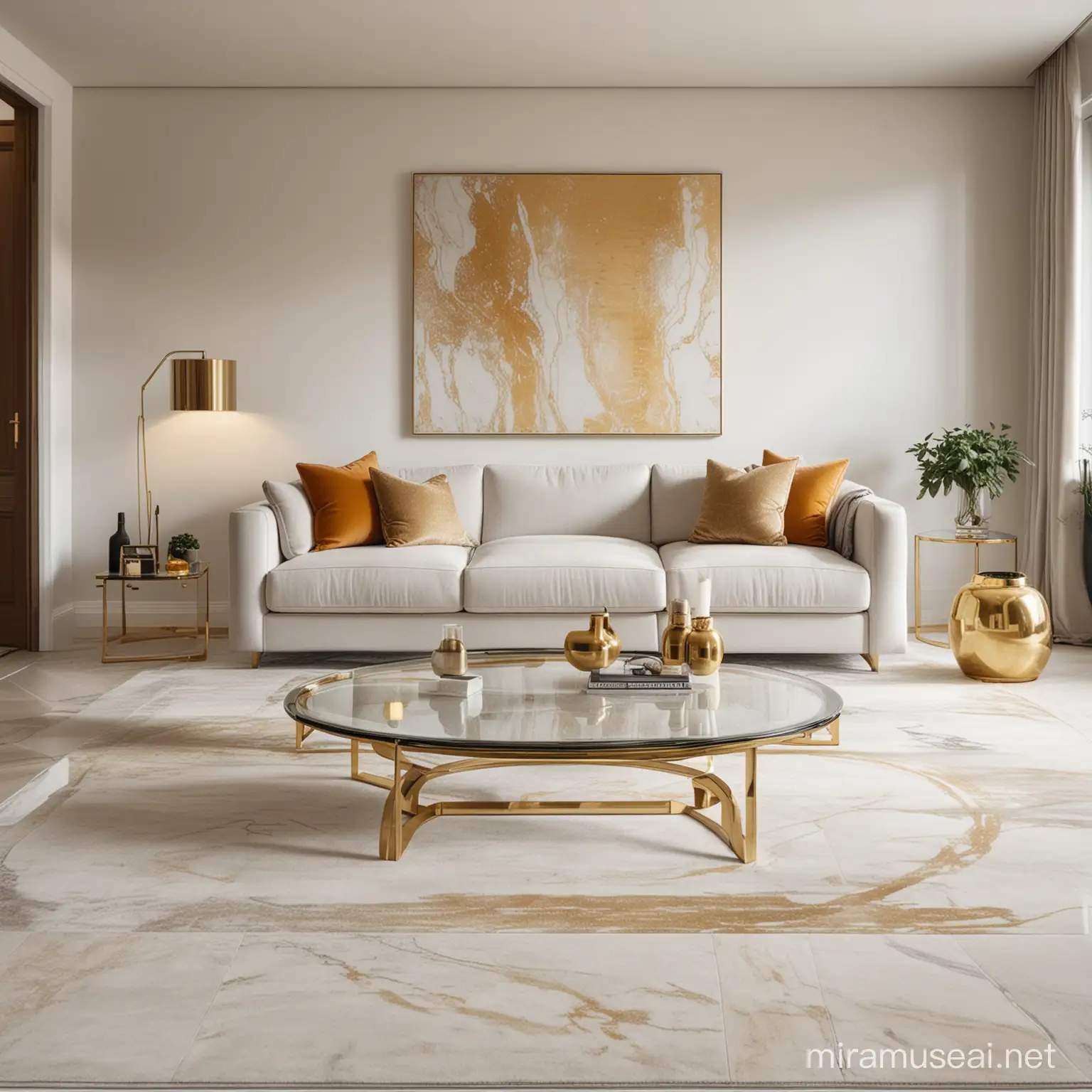 white, grey marble, gold, glass, modern living room, soft carpet, warm light, art on the wall, 