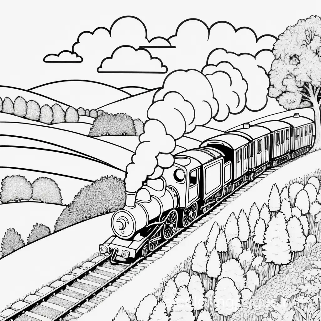 Tranquil-British-Countryside-Landscape-with-Steam-Train-Black-and-White-Coloring-Page