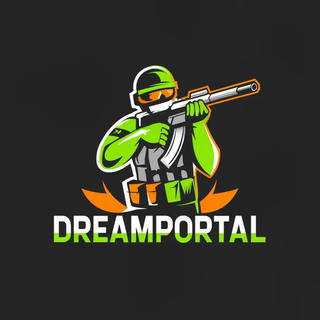 a logo design,with the text "DreamPortal", main symbol:Character from the game Counter-Strike 2 with a sniper rifle, green, orange, and white color,Minimalistic,be used in Internet industry,clear background