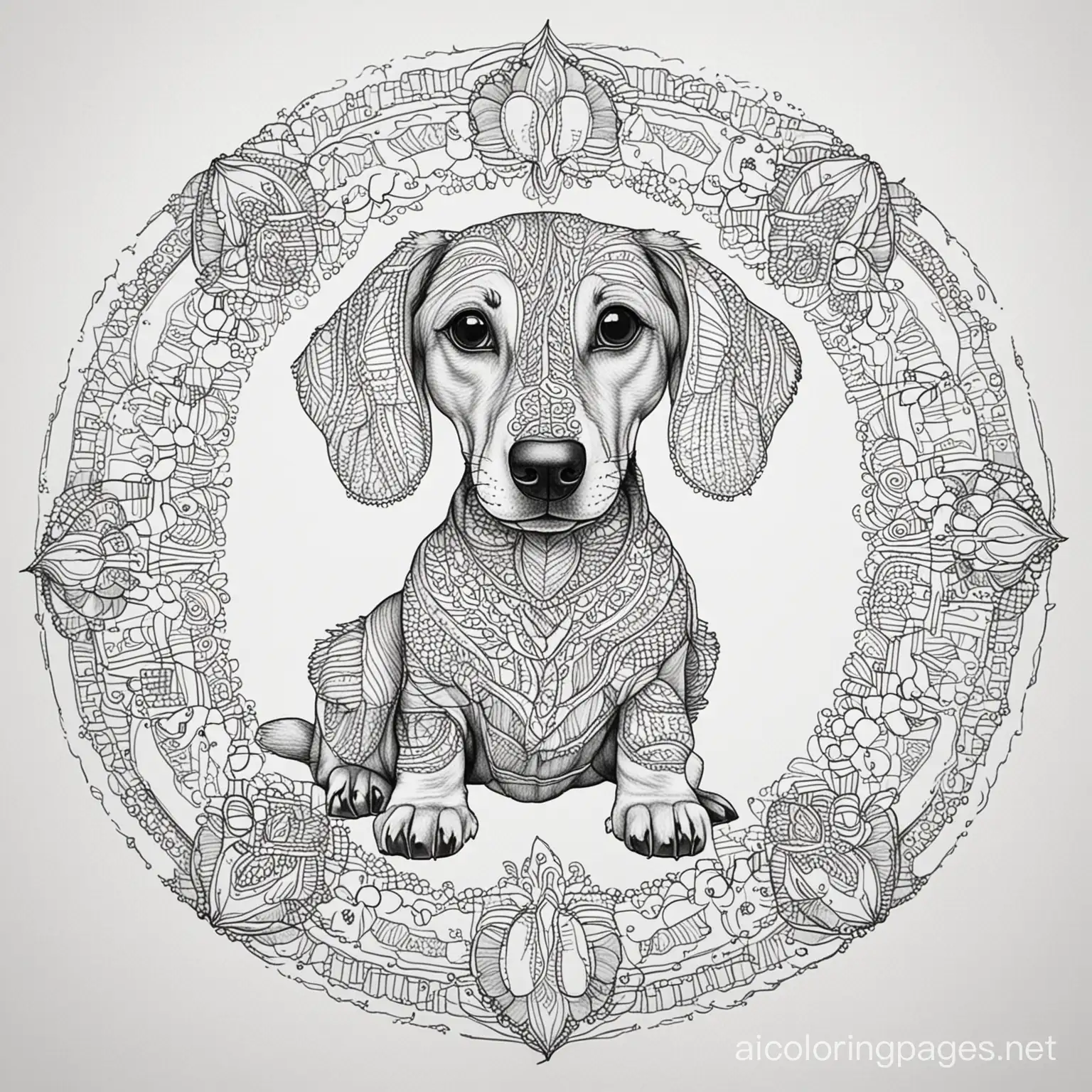 dachshund  dog mandala

, Coloring Page, black and white, line art, white background, Simplicity, Ample White Space. The background of the coloring page is plain white to make it easy for young children to color within the lines. The outlines of all the subjects are easy to distinguish, making it simple for kids to color without too much difficulty