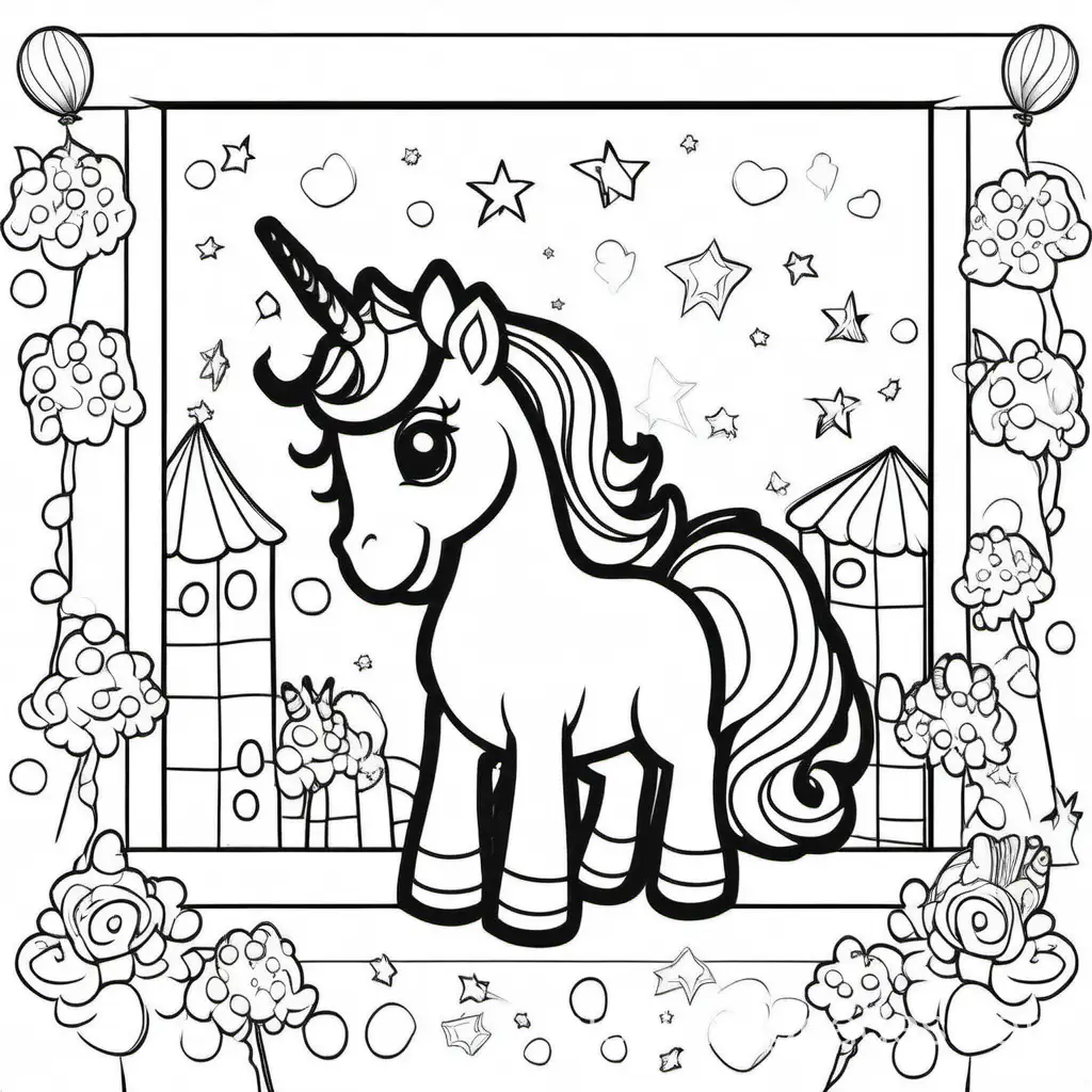 cartoon unicorn party, Coloring Page, black and white, line art, white background, Simplicity, Ample White Space. The background of the coloring page is plain white to make it easy for young children to color within the lines. The outlines of all the subjects are easy to distinguish, making it simple for kids to color without too much difficulty