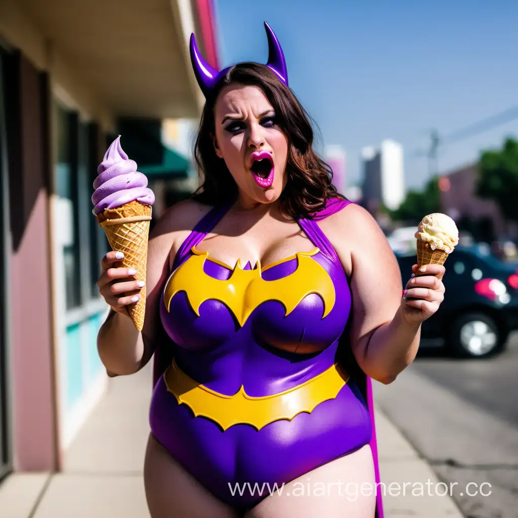 A plump Caucasian brunette woman in a purple batgirl bikini eating a big ice cream cone