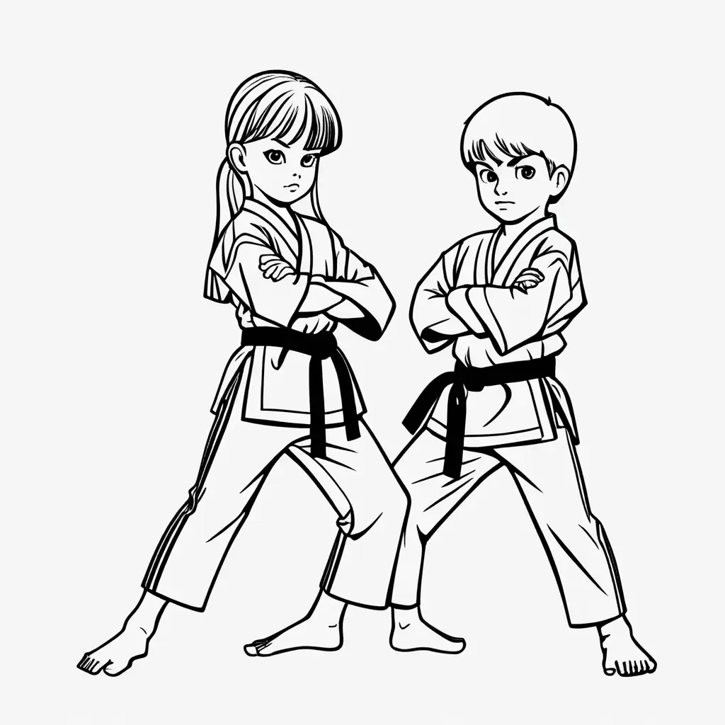 Dynamic Karate Kids in Action Black and White Line Art