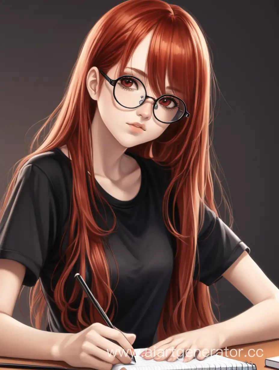 Stylish-Anime-Girl-with-Red-Hair-Drawing-in-Black-Attire