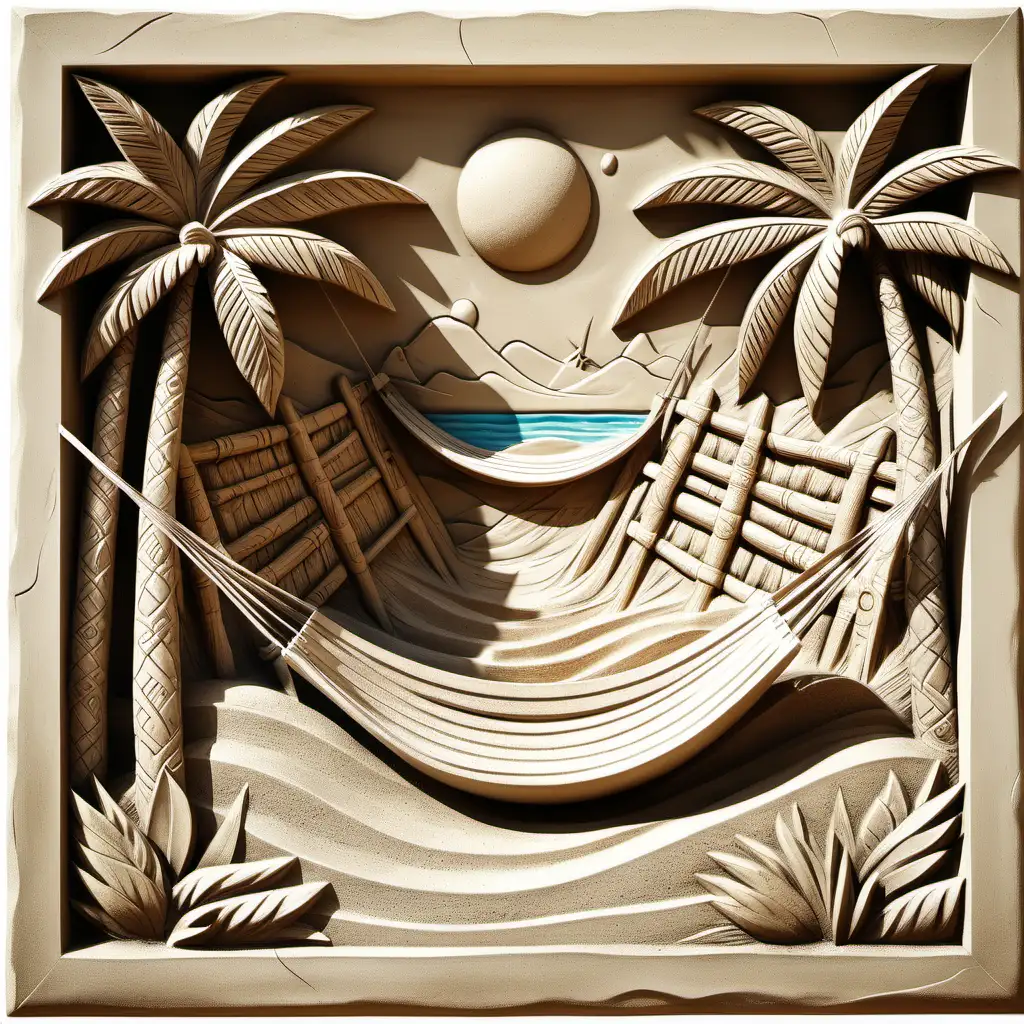 Bas-relief, tropical beach, with hammock, and tiki poles 