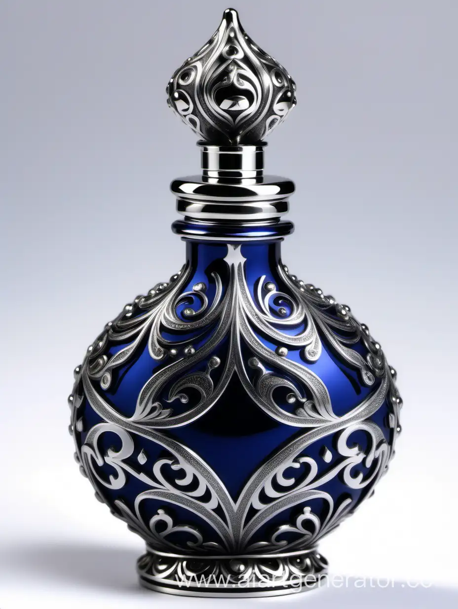 Incredibly detailed, elaborate, embellished potion bottle containing the elixir of life decorative ornamental Zamac Perfume cap, and bottle Dark blue, silver color with dark black square arabesque pattern shaped | metallizing finish