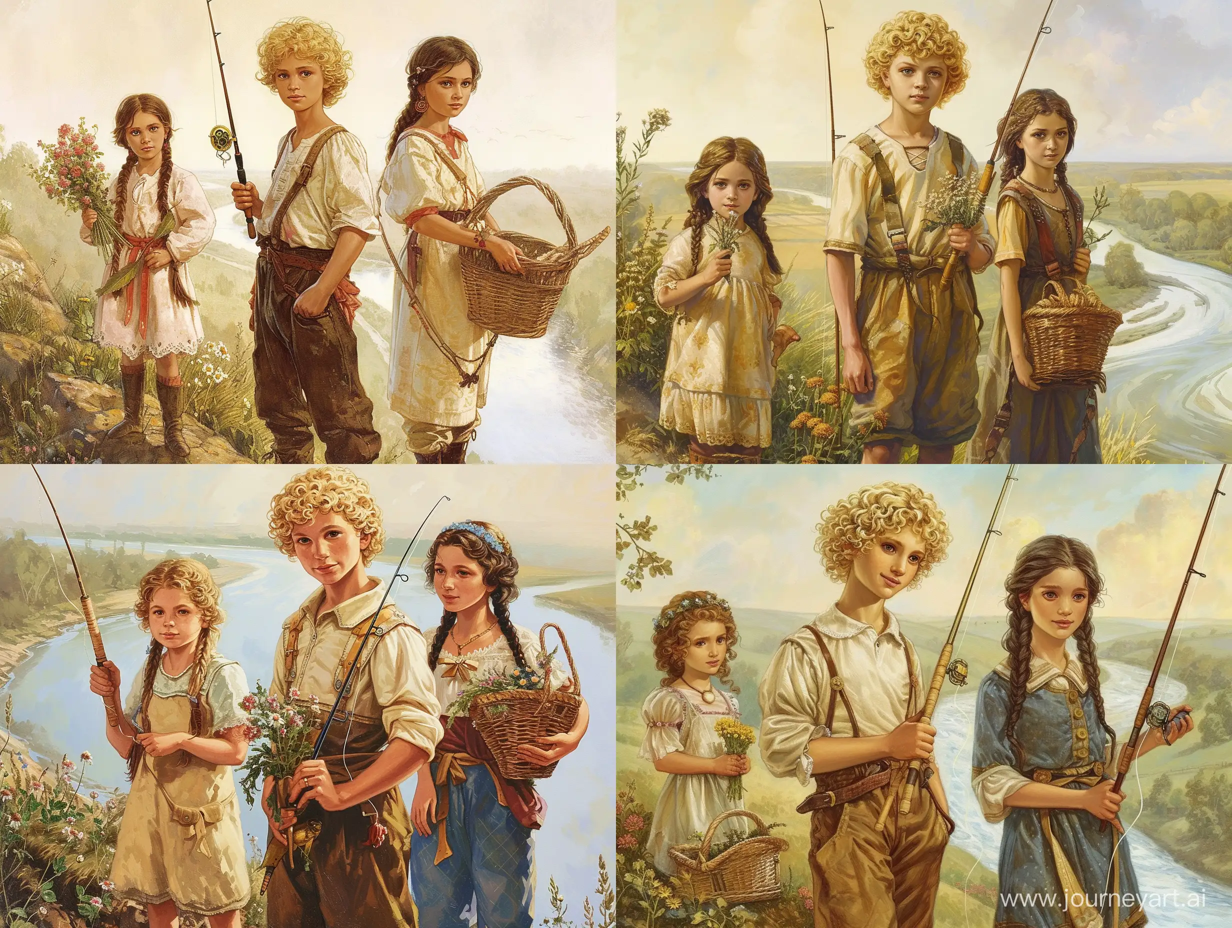 book illustration, three people, S. Yesenin, a thirteen-year-old with blond curly hair holding a fishing rod in his left hand, a five-year-old girl with dark hair braided, stands to the left of the boy, holding wildflowers in her left hand, a sixteen-year-old girl with dark hair braided, stands to the right of the boy, holding in her left hand A wicker basket in her right hand, dressed in peasant clothes, stands on a hill, against the background of a winding river, sunny day, summer, noon, v - 6