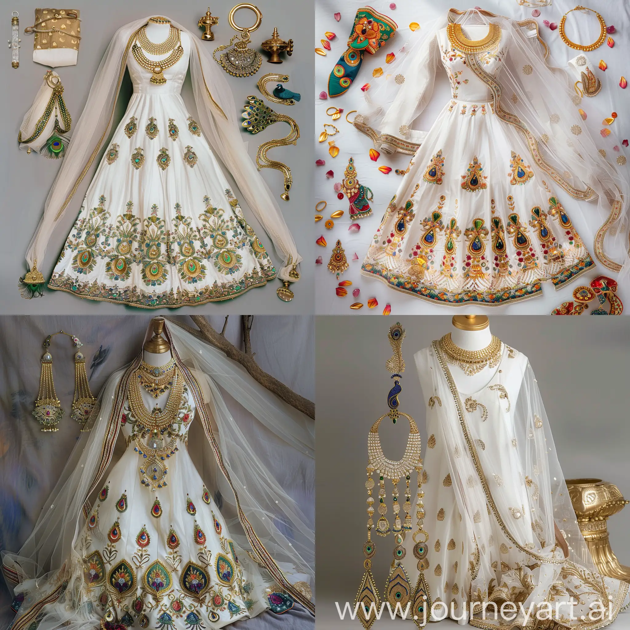 孔雀图案的白色底，镶亮片宝石的印度传统结婚套裙，头纱，金黄色套装首饰