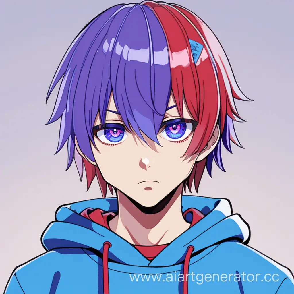 Аниме парень, с прической каре и фиолетовой челкой, глазами разного цвета- голубого и красного, в синей толстовке. 