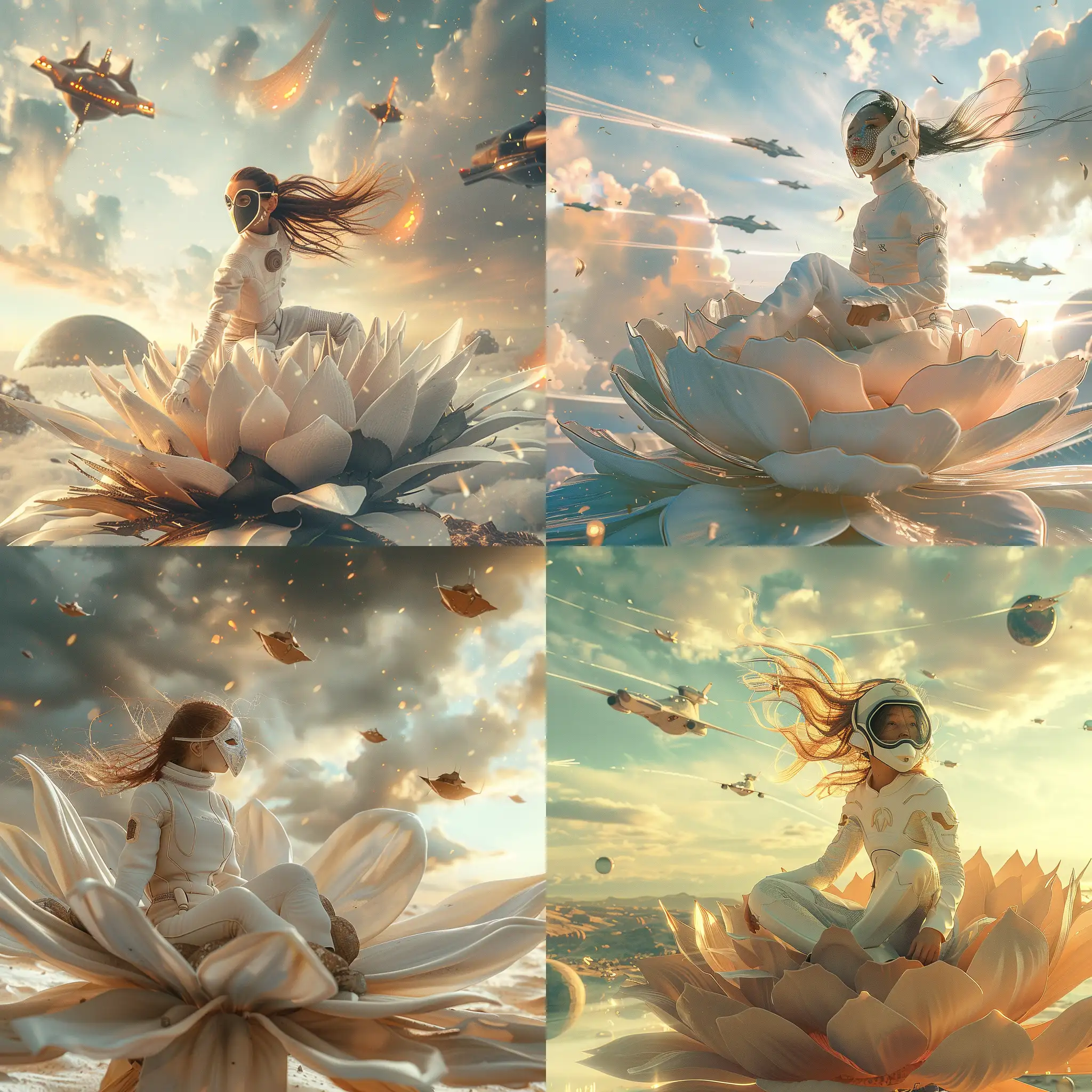 Magical-Girl-in-Spacesuit-on-Flower-with-Spaceships-Fantasy-Duneinspired-Art