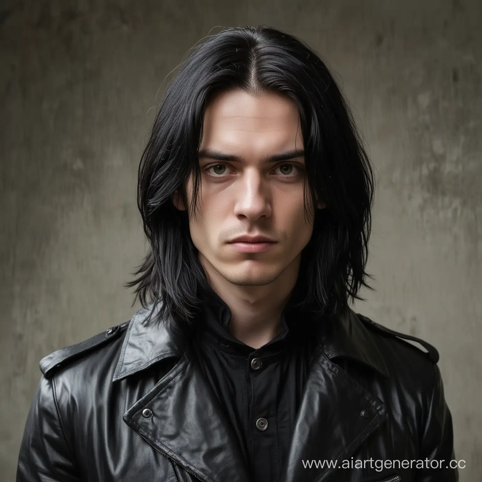 Портрет молодого человека с длинными чёрными волосами. Лицо худое, бледное, мрачное, тяжёлый взгляд. Одет в чёрный кожаный плащ.